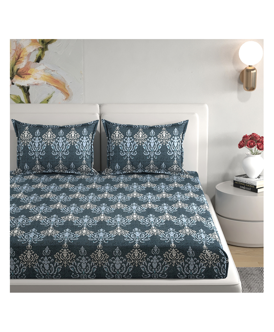 Florida Navy & White Damask Printed Fitted Bedsheet Set (72x78 8 Inch Pocket)-image-2