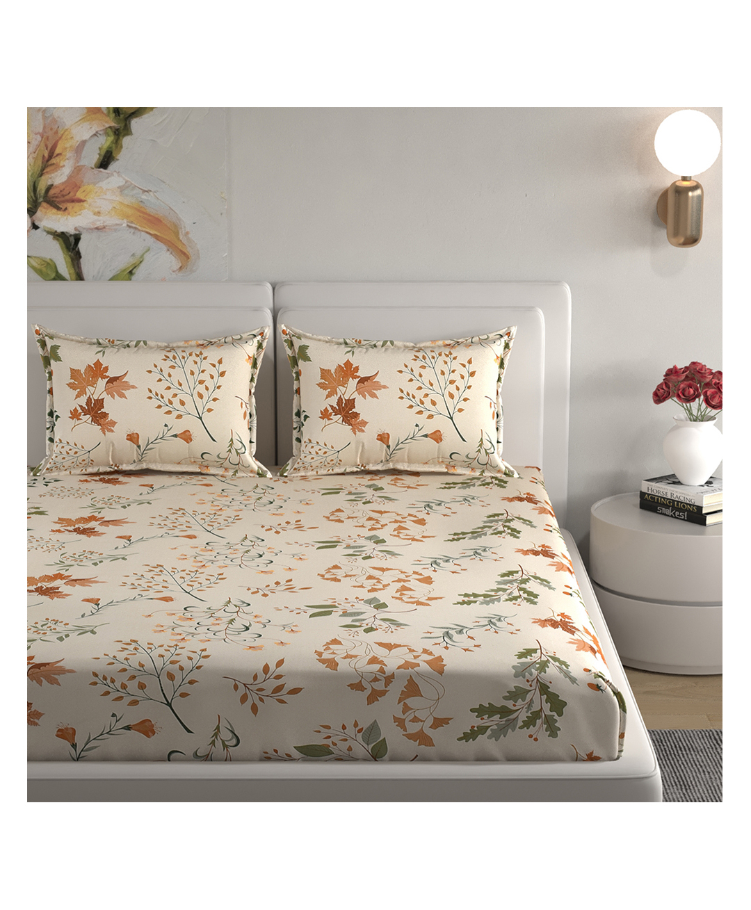 Florida Cream & Orange Leaf Design Double Bedsheet Set-picture-24