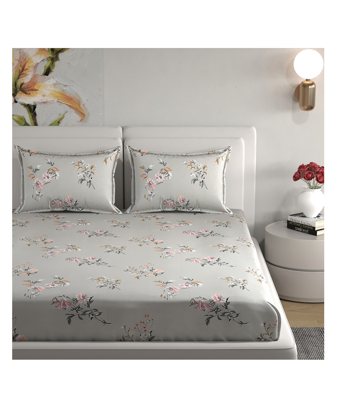 Florida Grey & Pink Floral Double Bedsheet Set-image-3