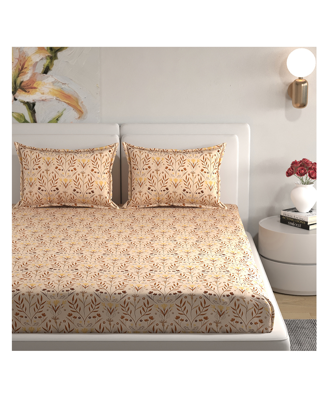 Florida Beige & Brown Leaf Design Double Bedsheet Set-image-36