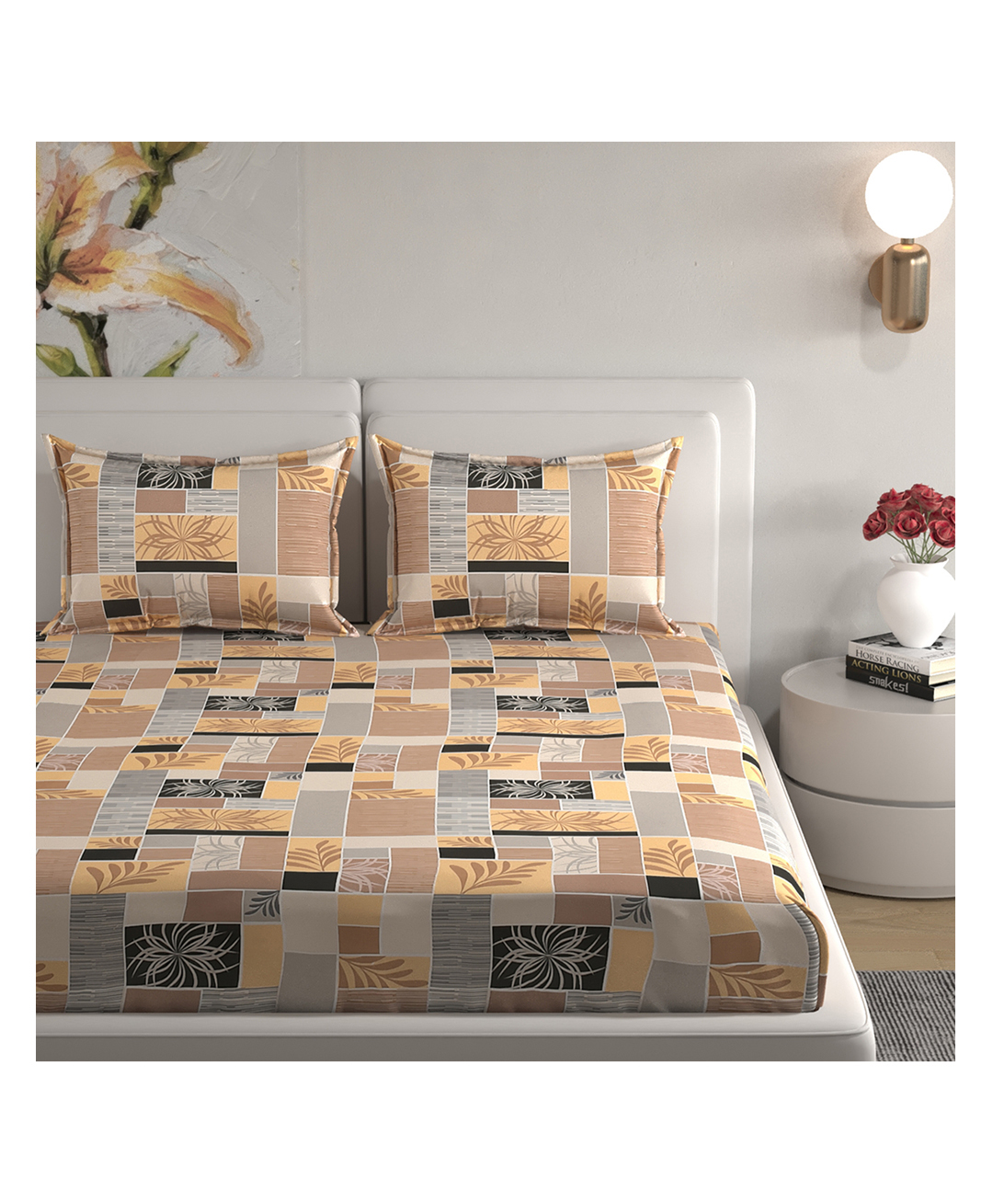Florida Camel Brown & Grey Abstract Fitted Bedsheet Set-image-9