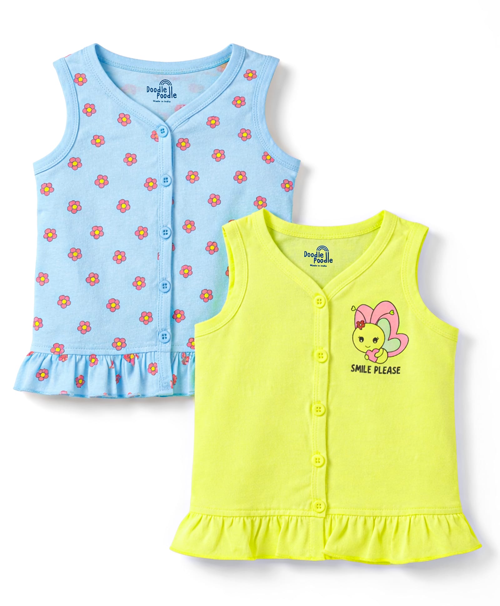 Doodle Poodle 100% Cotton Knit Sleeveless Floral & Butterfly Printed Jhablas Pack Of 2 - Light Blue & Lime Green-picture-11