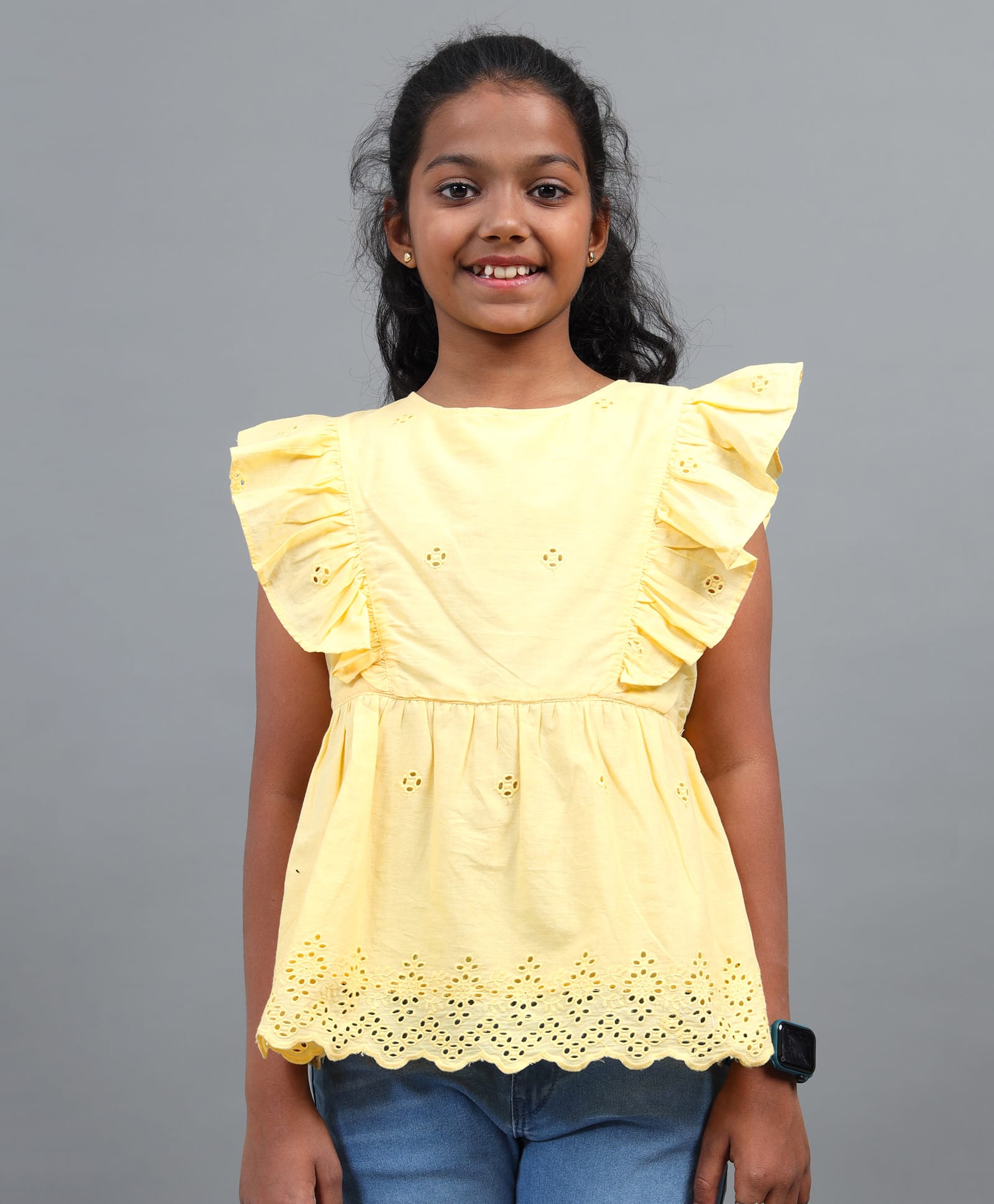 Under Fourteen Only Sleeveless Frill Detailed & Schiffli Embroidered Top - Yellow-picture-13