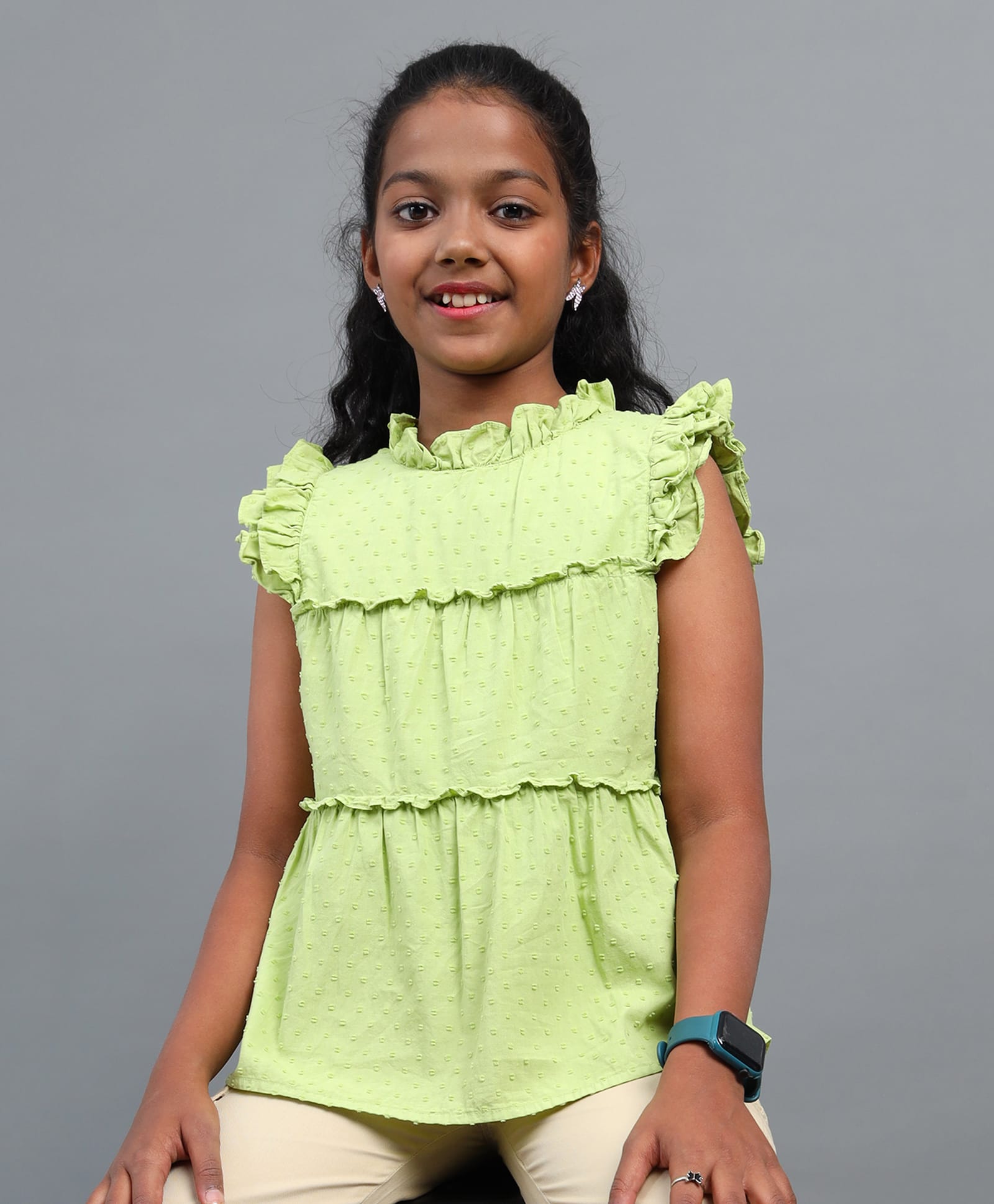 Under Fourteen Only Cap Sleeves Swiss Dots Embroidered Tiered Top - Green-image-36