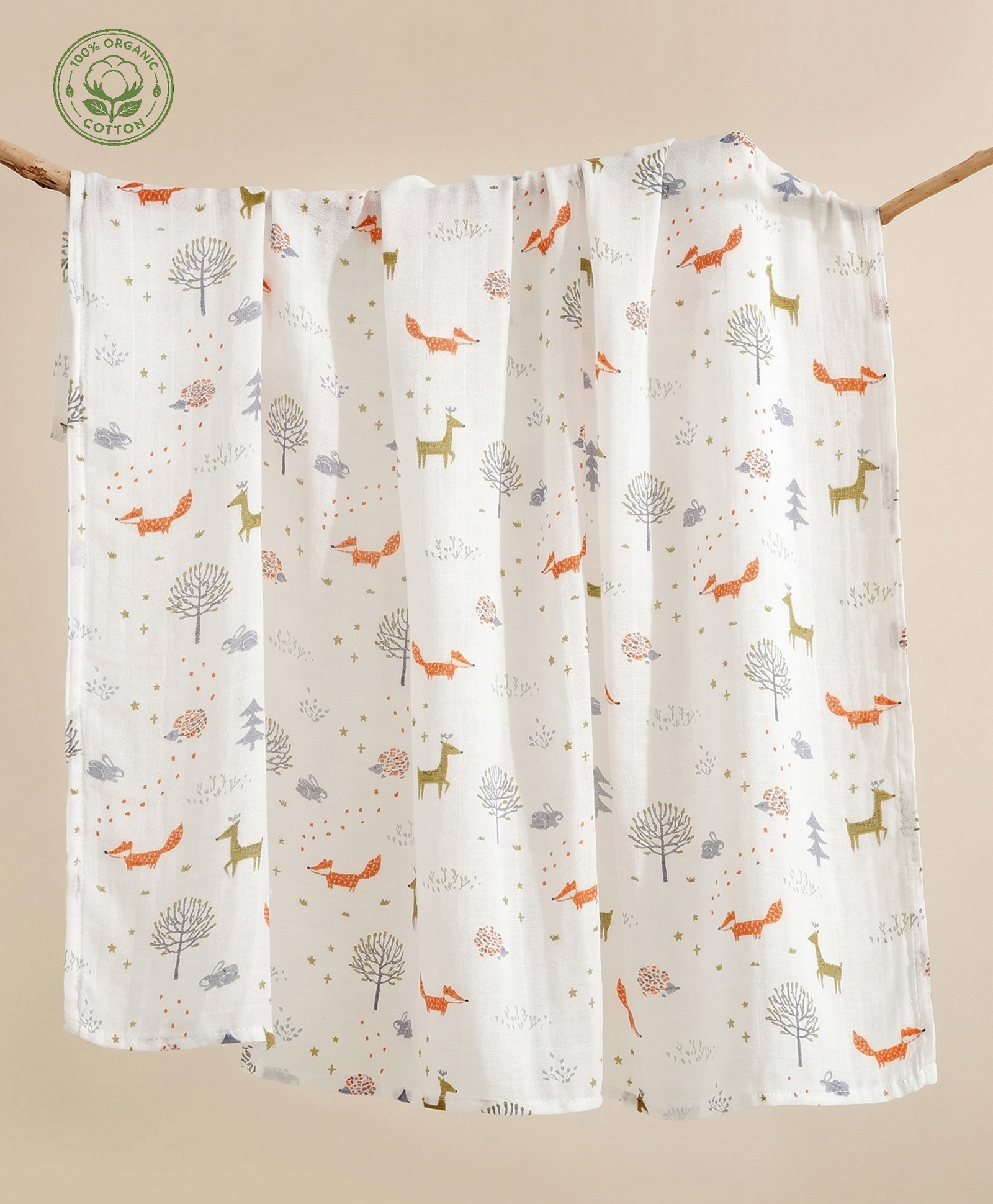 Baby Tales Muslin Cotton Baby Bath Towel cum Swaddle Extra Soft & Super Absorbent With Fox & Tree Print - Multicolor-image-8