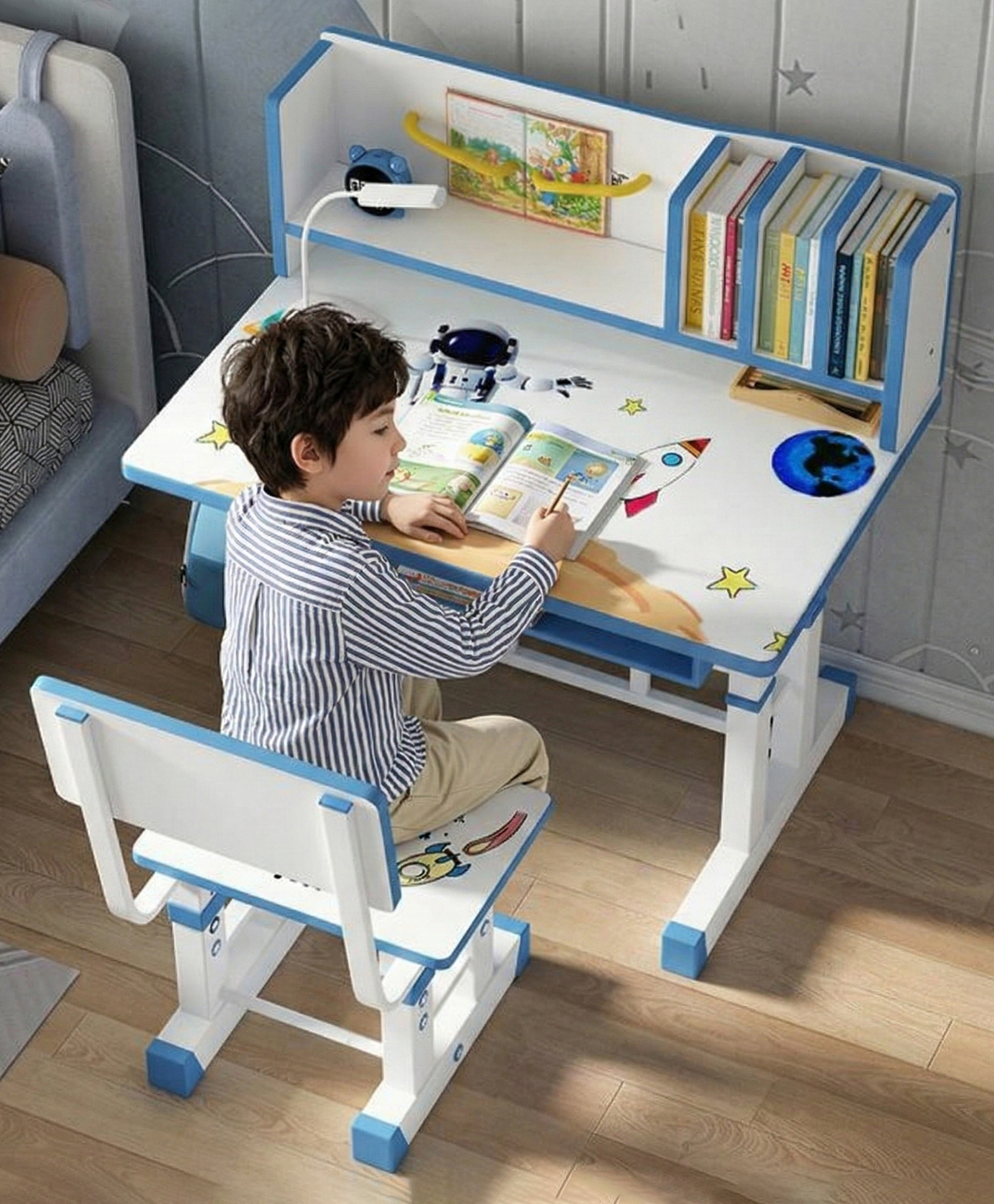 Purple Tots Multi-Functional Kids Study Table & Chair Set with Adjustable Height and Storage Astronaut Desk Print - Blue-picture-17
