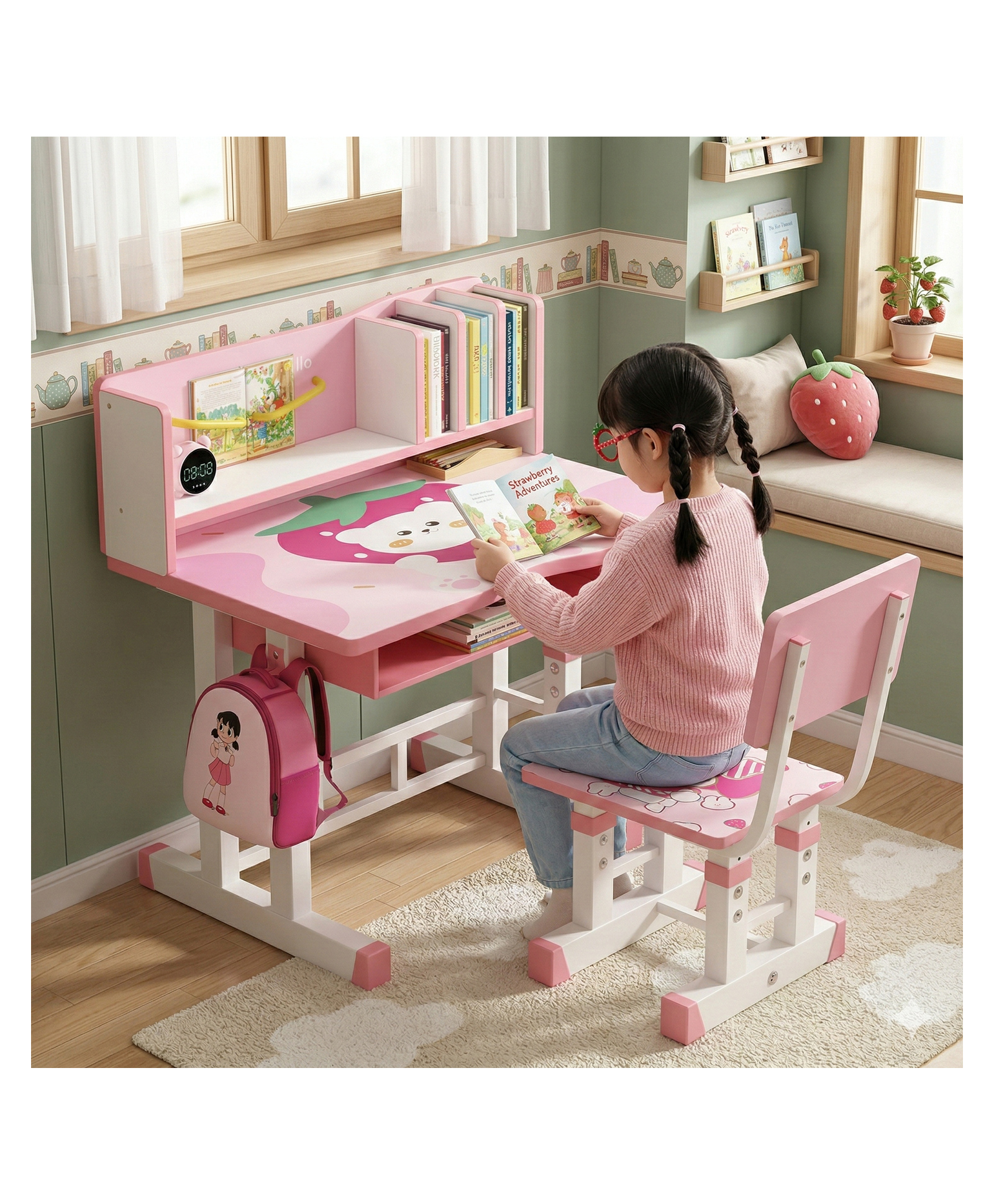 Purple Tots Multi-Functional Kids Study Table & Chair Set with Adjustable Height and Storage Kitty Desk Print - Blue-image-30
