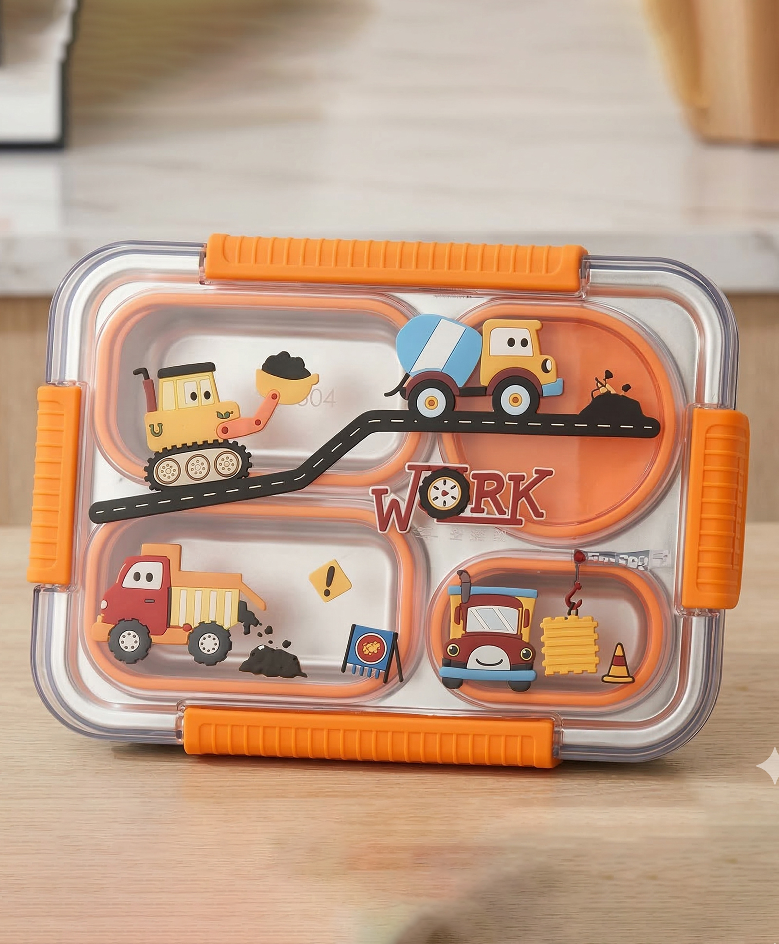 Purple Tots 3 Compartment Stainless Steel Lunch Box with Steel Cutlery Inside, Heating & Water Insulation Design 750 ml - Orange-image-11