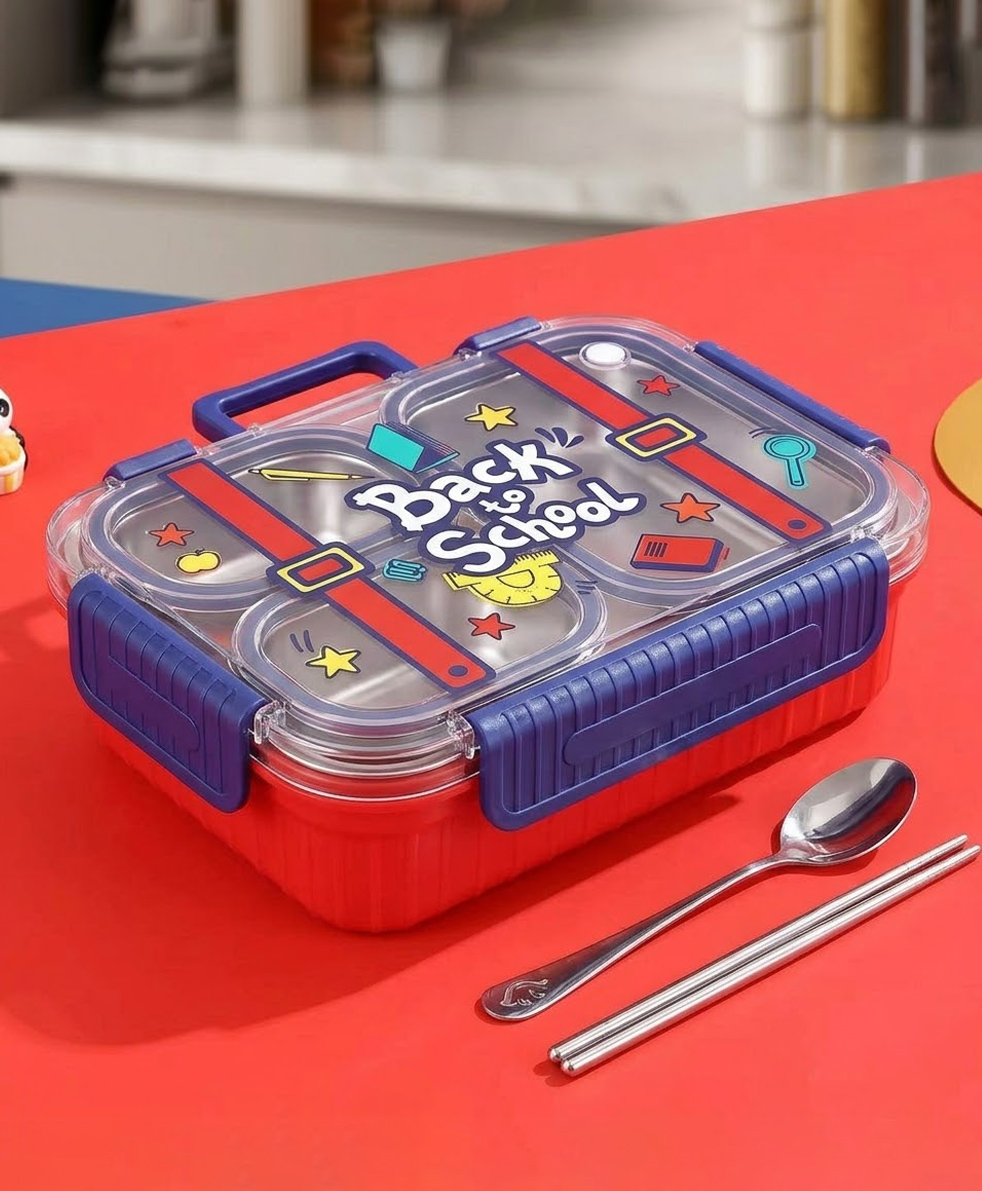 Purple Tots 3 Compartment 304 Stainless Steel Lunch Box with Steel Cutlery Inside, Heating & Water Insulation Design for Office, School & Travelling, 750 Ml ( Blue& Red | Back To School)-image-13