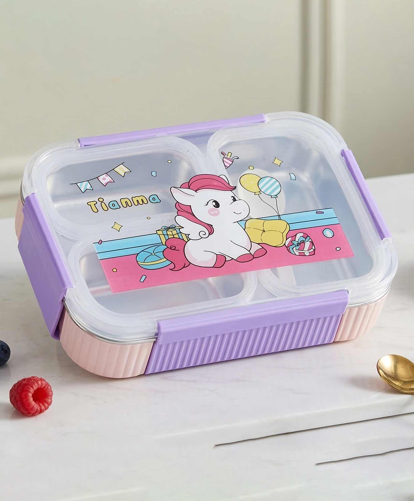 Purple Tots 3 Compartment Stainless Steel Lunch Box with Steel Cutlery Inside, Heating & Water Insulation Design 750 ml - Purple-image-10