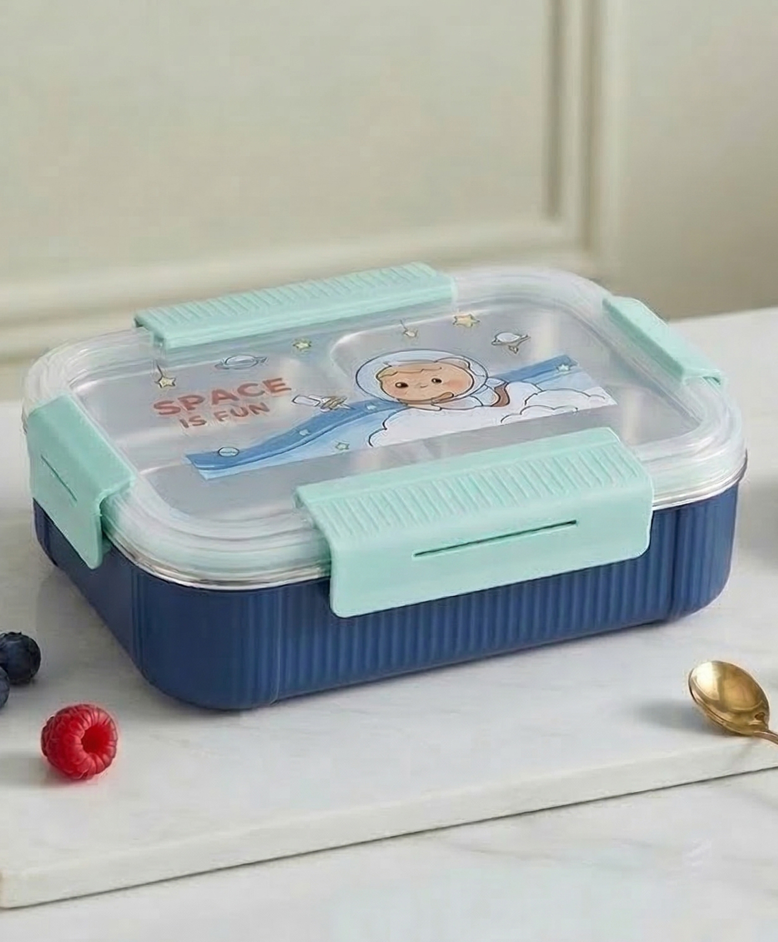 Purple Tots Stainless Steel Bear Print Lunch Box | 3-Compartment Leakproof & BPA-Free Bento Box | Insulated with Detachable Inner Containers & 4-Sided Lock - Blue & Cyan-image-44