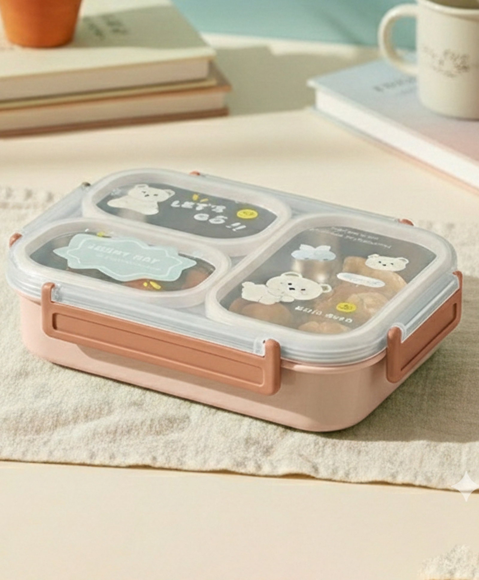 Purple Tots Toyshine Stainless Steel Bento Box for Kids Adults, 3 Compartments Sealed, Breathable Vent, Leak-proof Lunch Box, Keep Foods Separated Food Storage Container, Food-Safe Materials Kitty Print - Peach-image-42