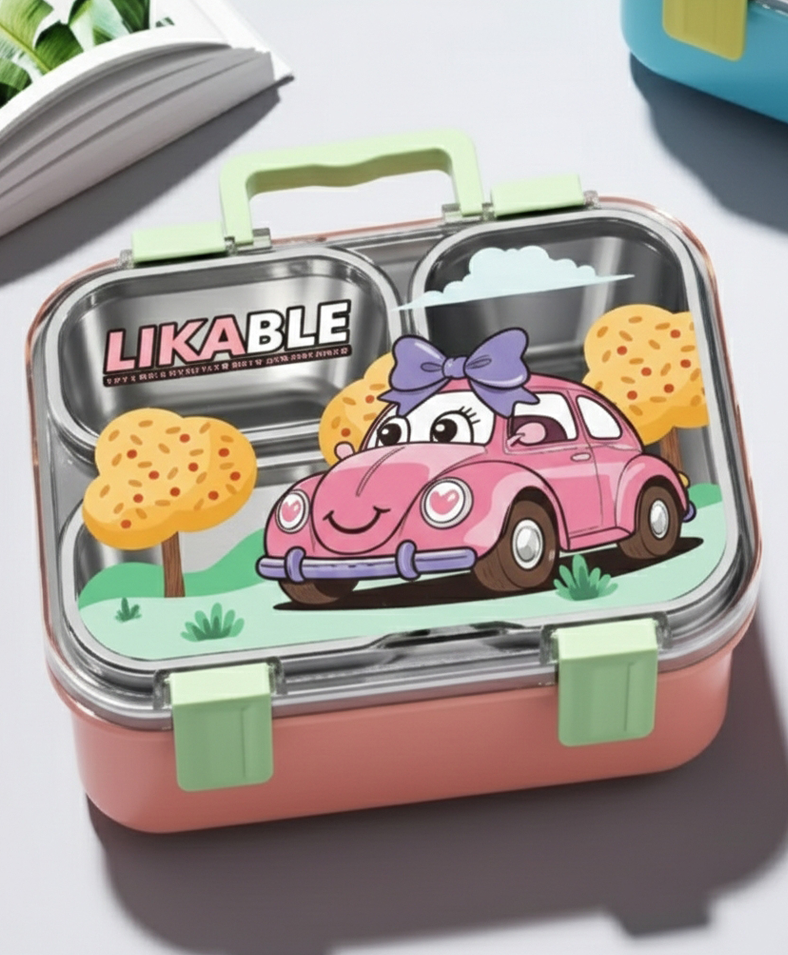 Purple Tots Toyshine Stainless Steel Bento Box for Kids Adults, 3 Compartments Sealed, Keep Foods Separated Food Storage Container, Sea Blue- Car Print-image-44