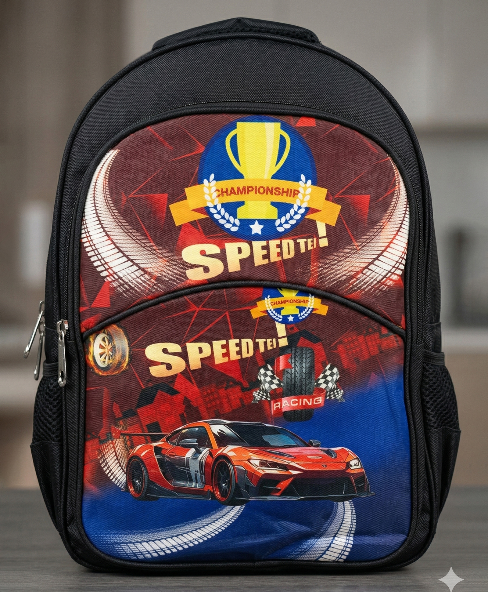 Purple Tots 15 Inches Kids School Backpack Racing Car Print with Bottle Pocket & Organizer- Blue-image-45