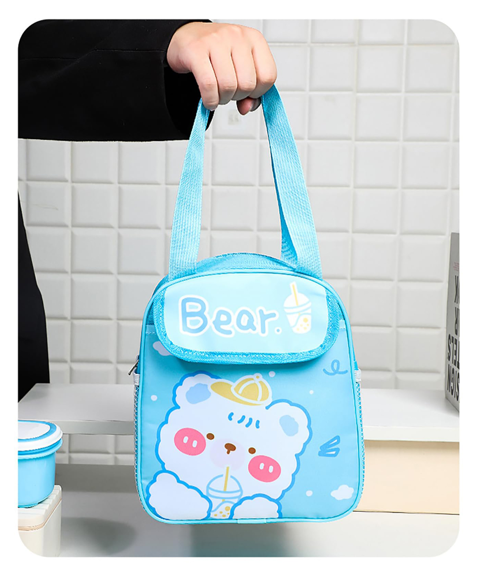 Purple Tots Kids Lunch Bag Cute Pet Cartoon Design, Thickened Insulated Handbag with Bear Print - Light Blue-image-1