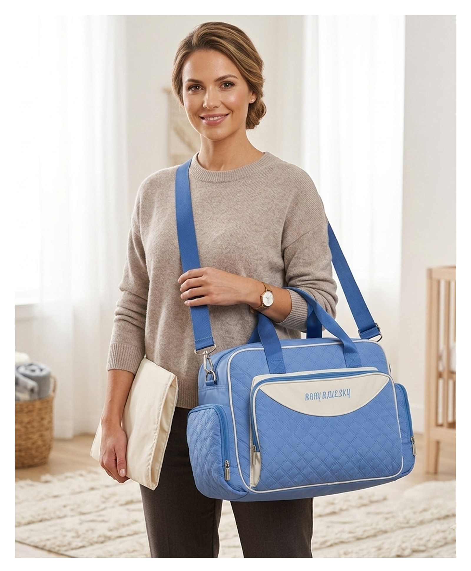 Purple Tots Large Capacity Quilted Mommy Diaper Bag with Changing Mat and Multi-Pocket Organizer- Light Blue-image-35