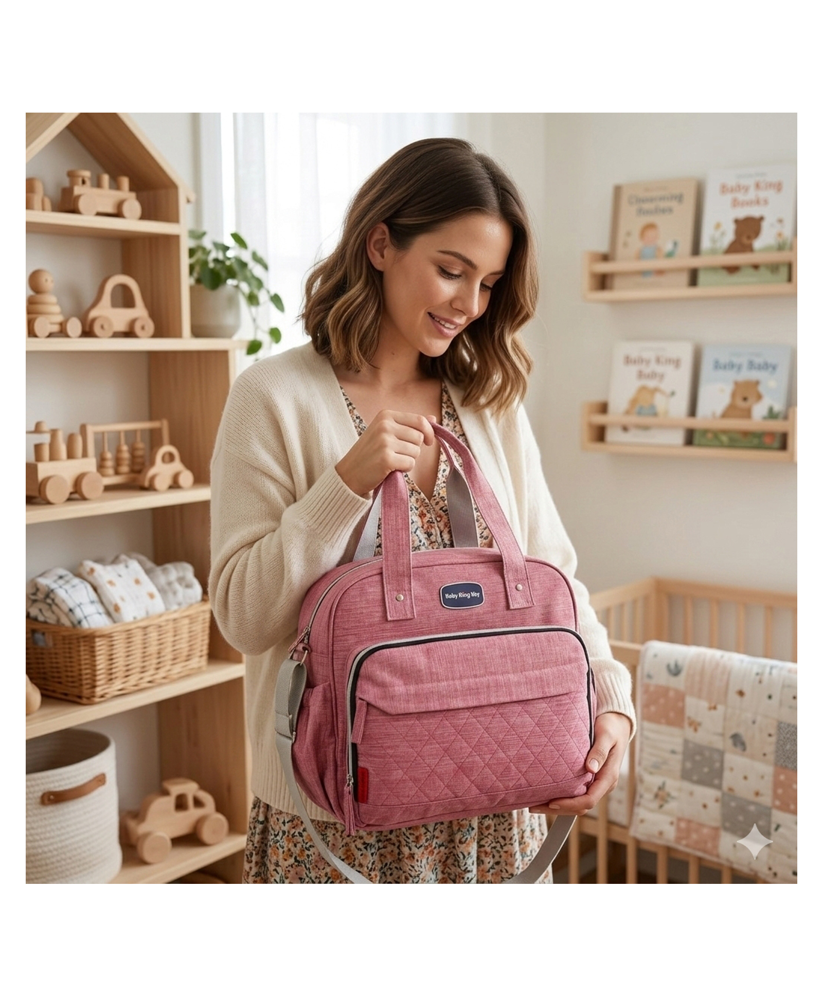 Purple Tots Diaper Bag Tote Stylish Gray Baby Bag with Bottle & Utensil Storage- Pink-image-9