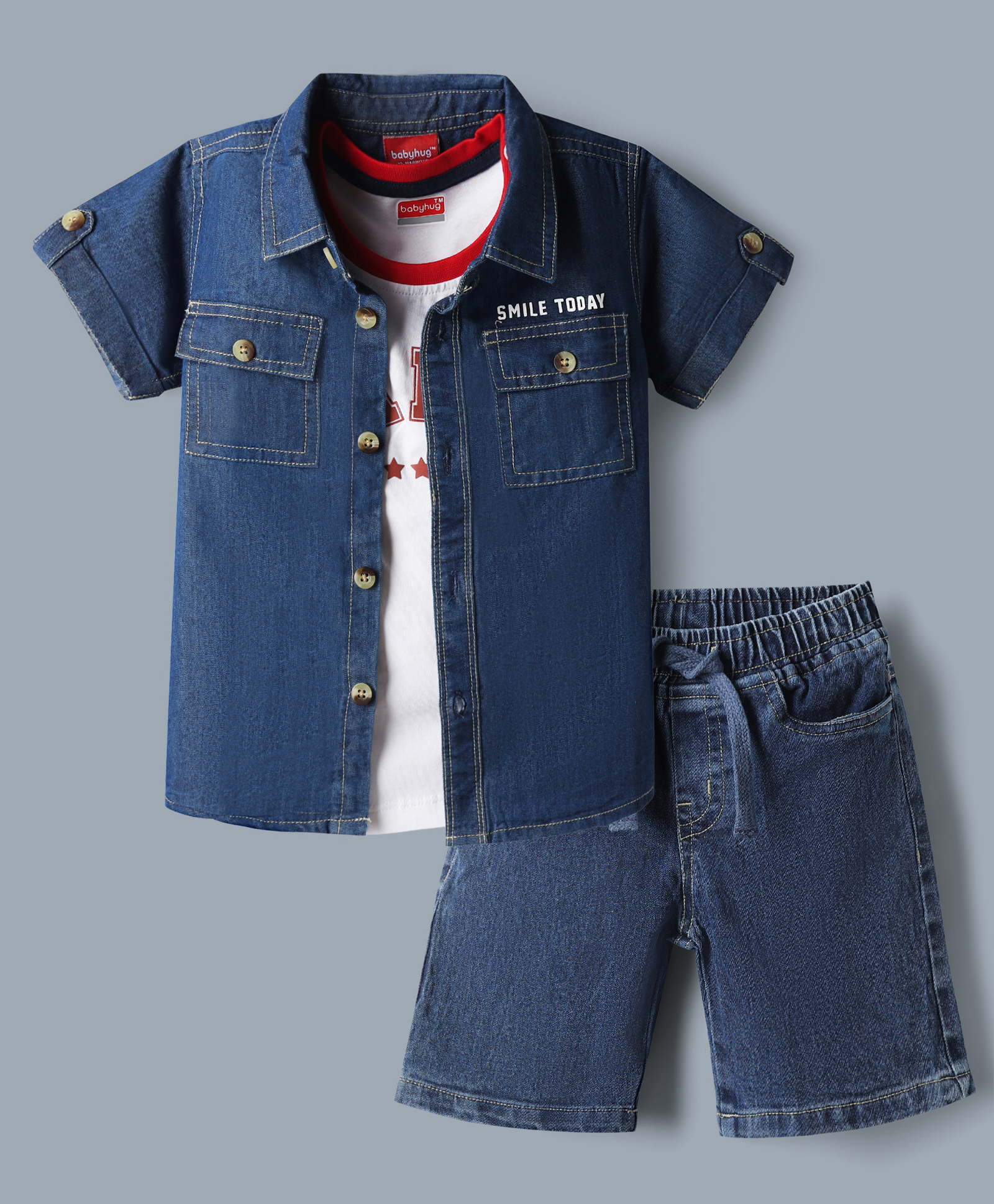 Babyhug Single Jersey Knit Denim Half Sleeves Shirt & Shorts Set With Text Print Inner Tee - Blue-image-23
