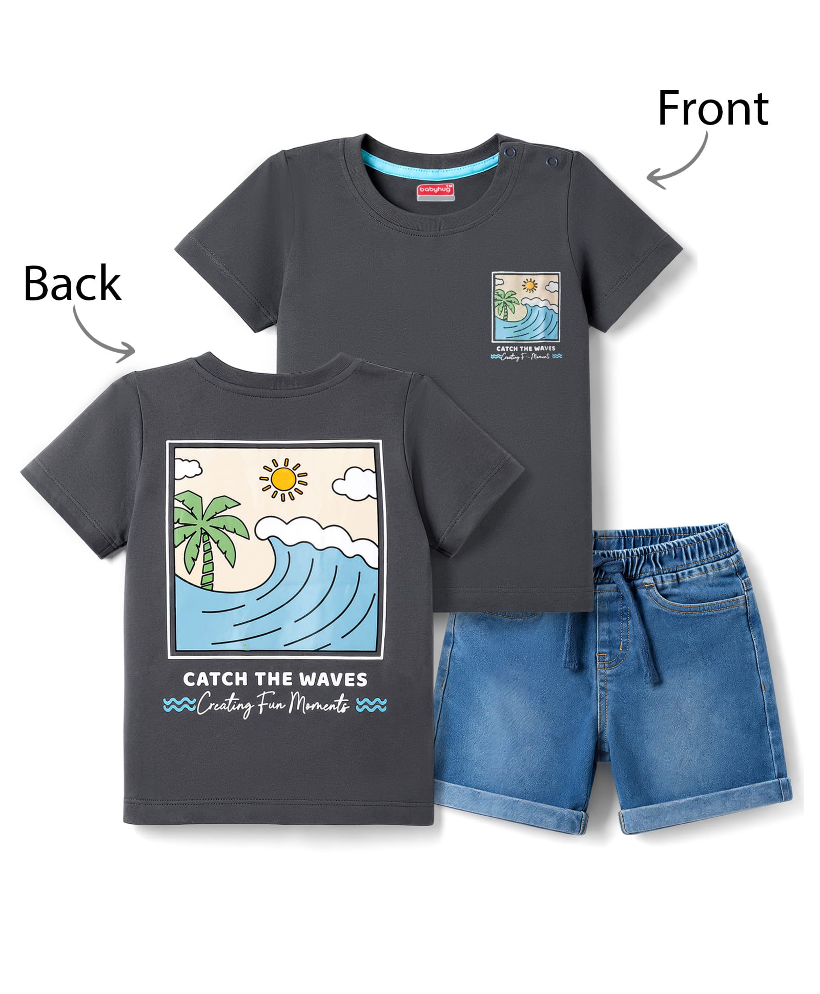 Babyhug Single Jersey Knit Half Sleeves T-Shirt & Denim Shorts With Front & Back Beach Theme - Charcoal Grey & Blue-image-23