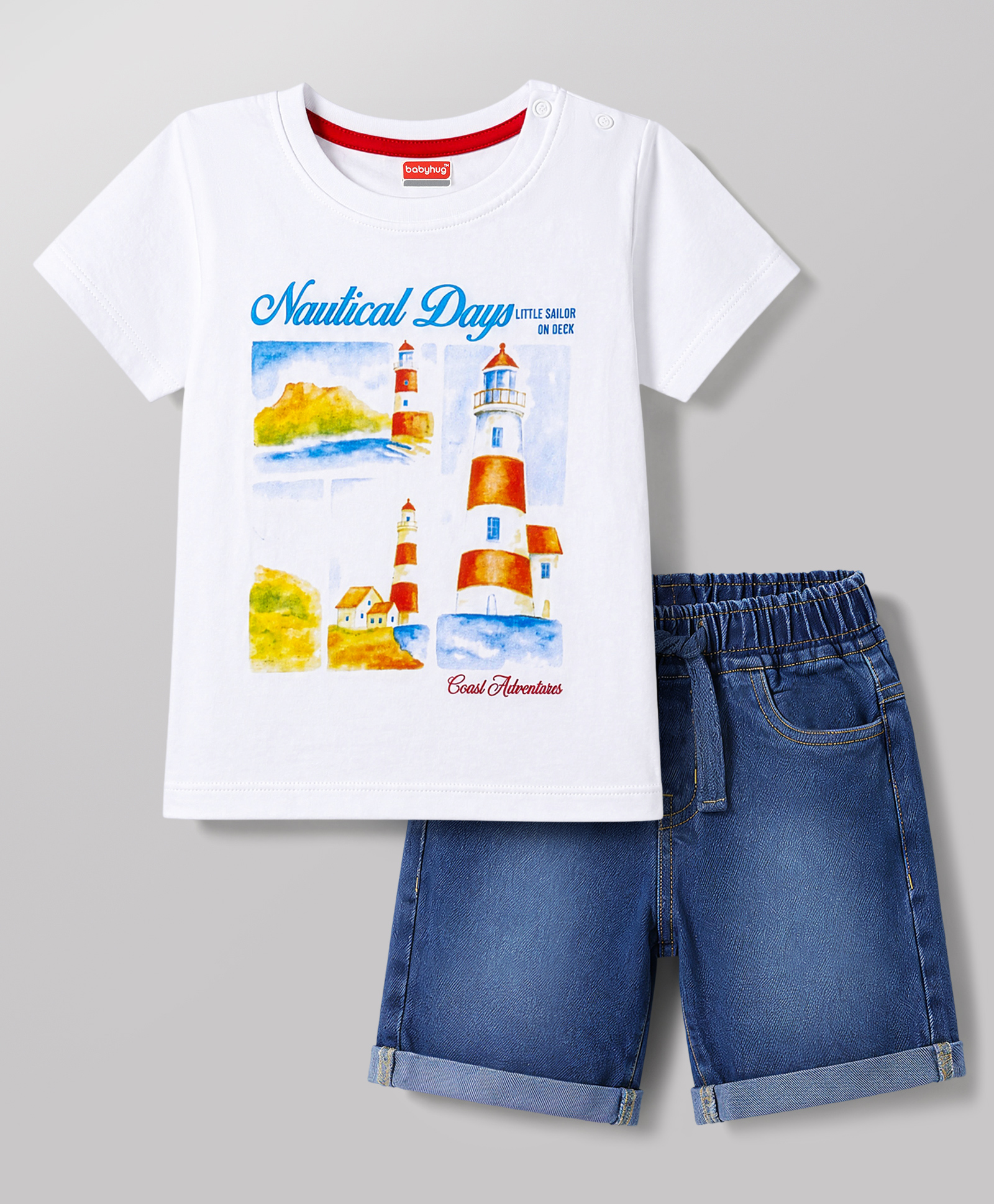 Babyhug Single Jersey Knit Half Sleeves T-Shirt & Denim Shorts Set With Nautical Theme - White & Blue-picture-21