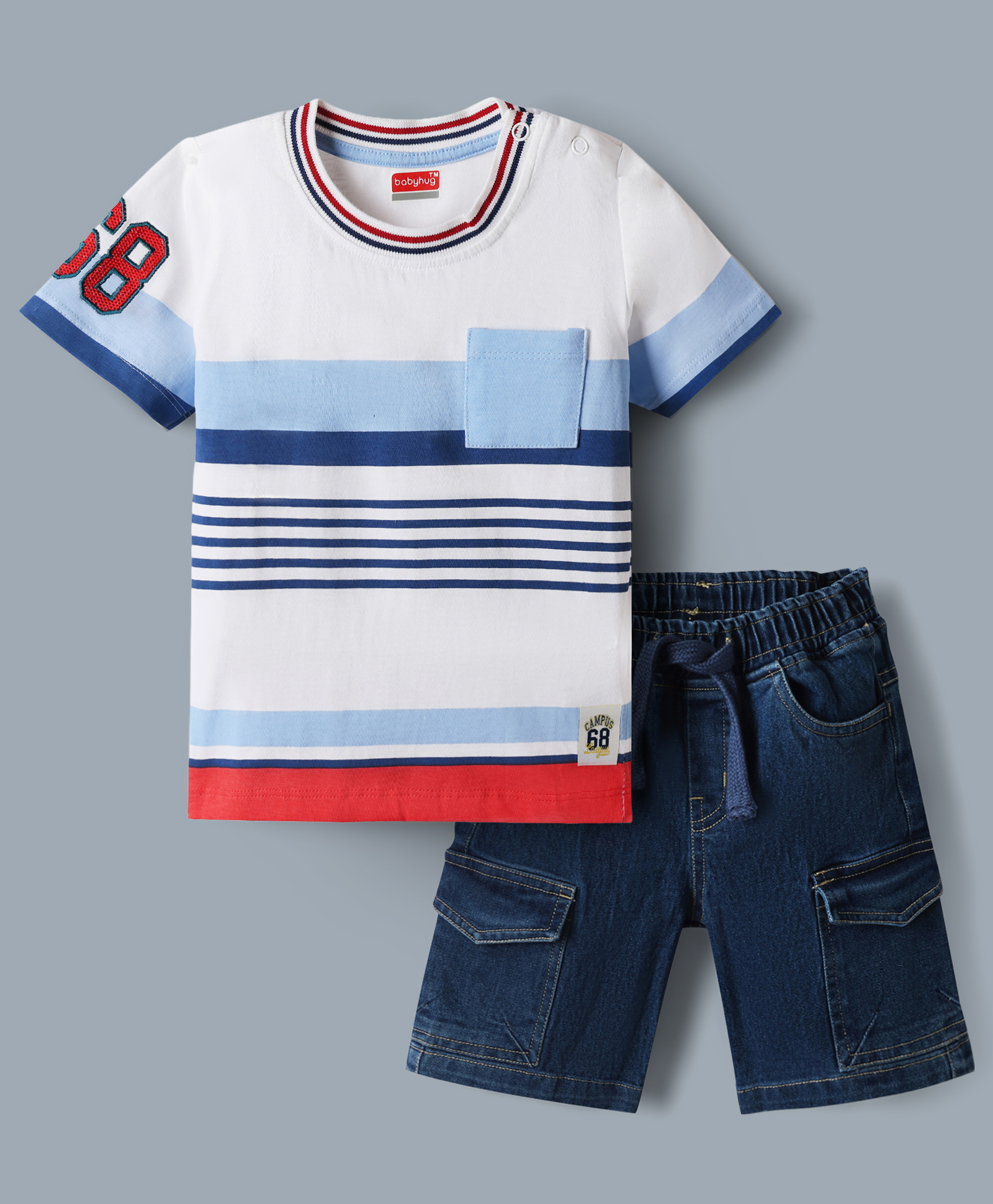 Babyhug Single Jersey Knit Denim Half Sleeves Striped T-Shirt & Shorts Set - Whit & Charcoal Grey-picture-11