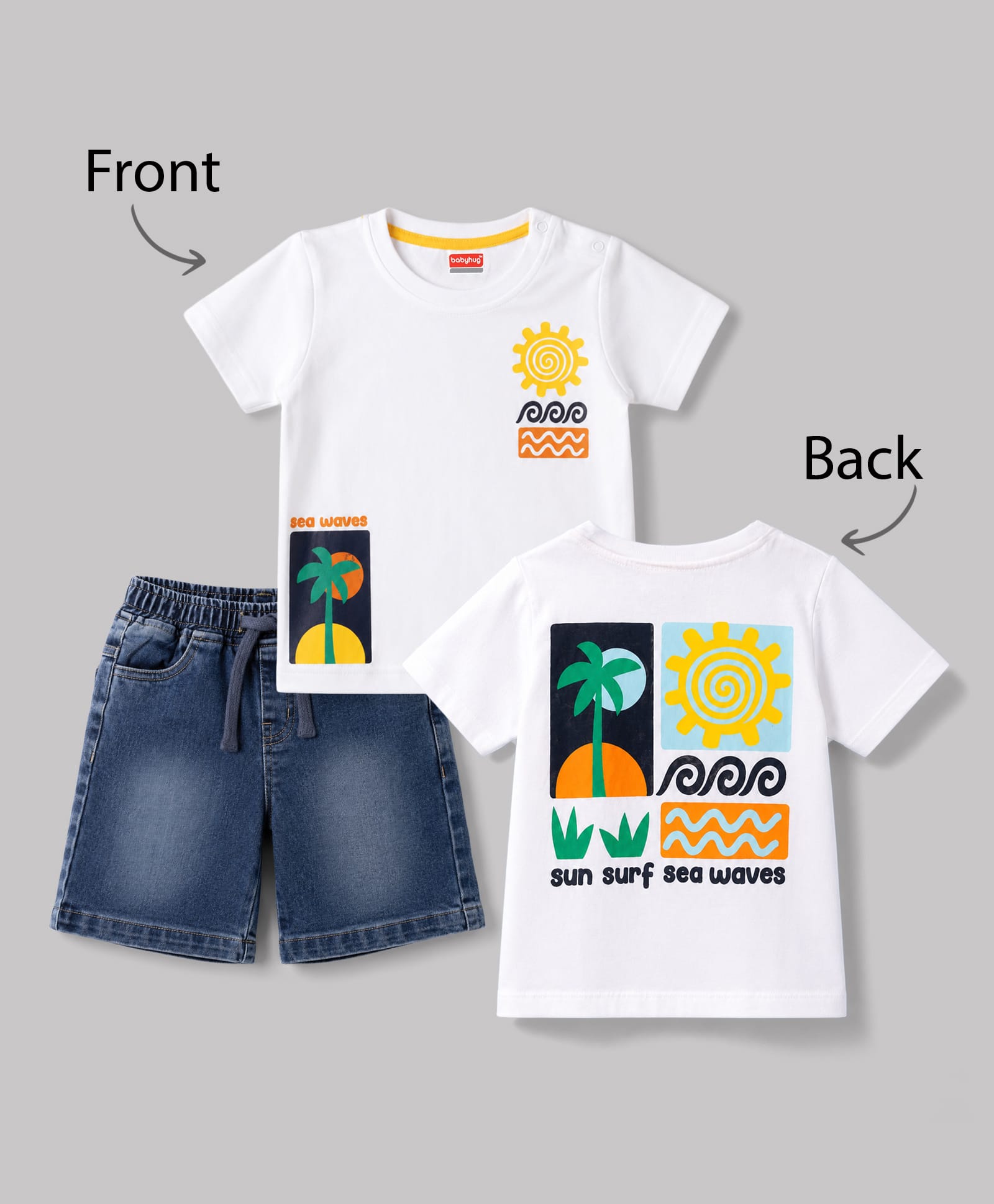Babyhug Single Jersey Knit Half Sleeves T-Shirt & Denim Shorts Set with Sea Wave Print - White-picture-33