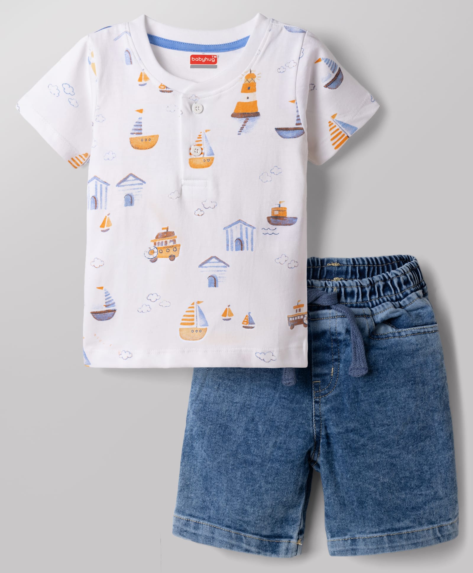 Babyhug Single Jersey Knit Half Sleeves Nautical Theme Printed T-Shirt & Denim Shorts Set - White & Blue-picture-19