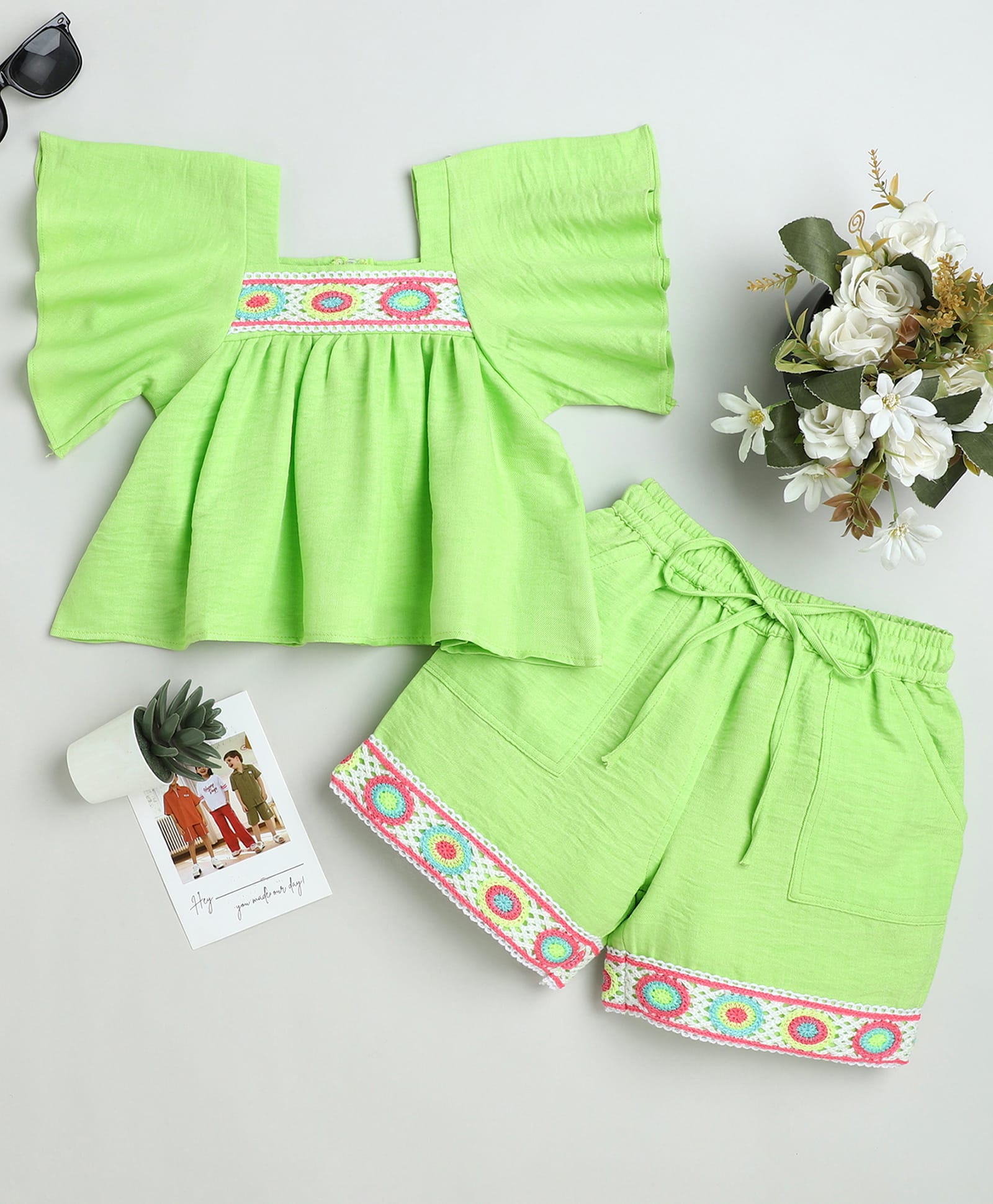 Ministitch Cotton Woven Half Flutter Sleeves Abstract Embroidered Top & Shorts Set - Green-picture-13