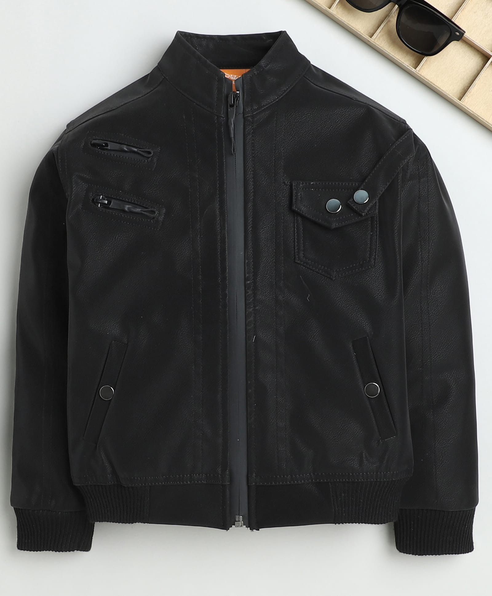 Ministitch Leather Woven Full Sleeves Solid Jacket - Black-picture-27