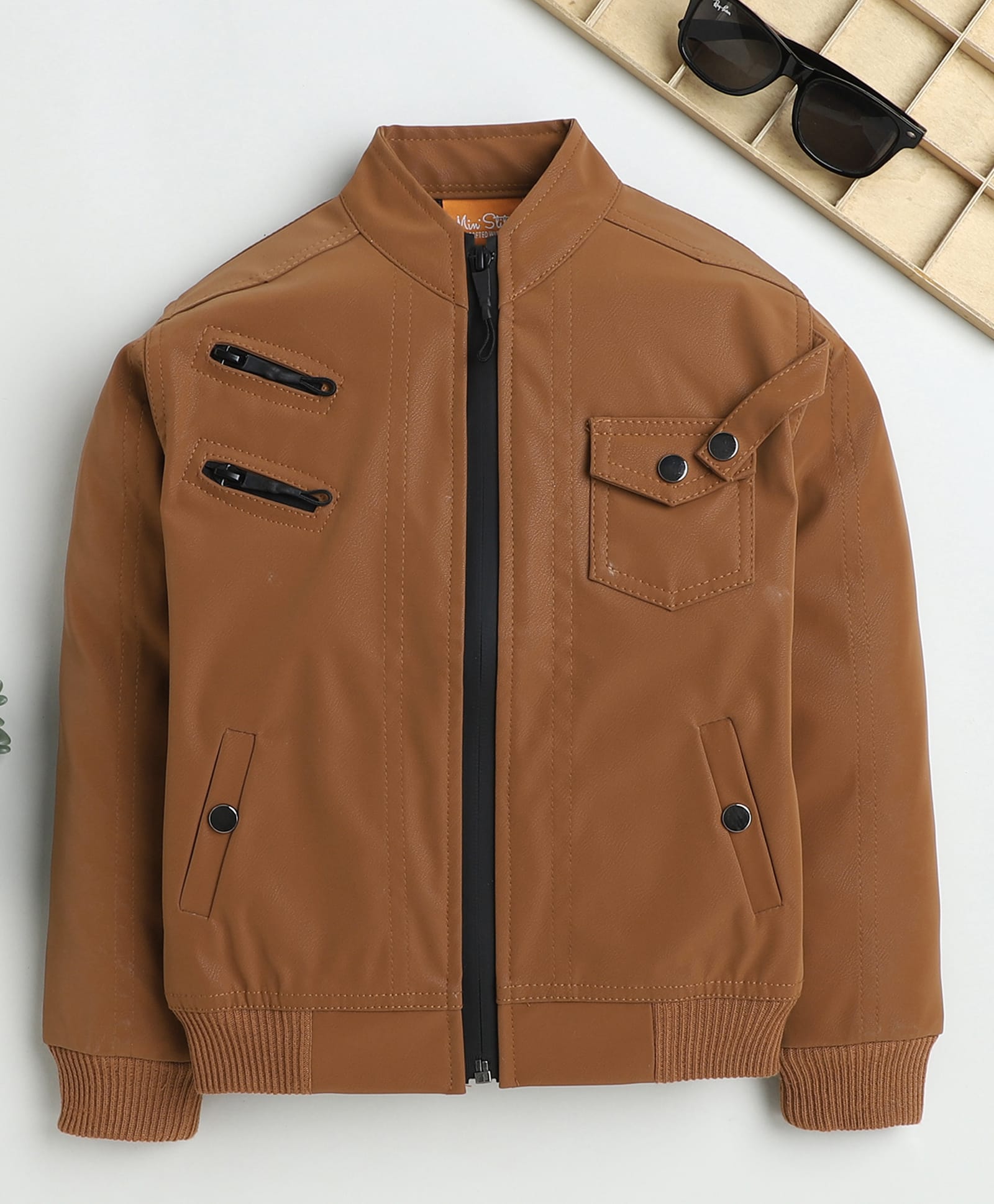 Ministitch Leather Woven Full Sleeves Solid Jacket - Brown-picture-12