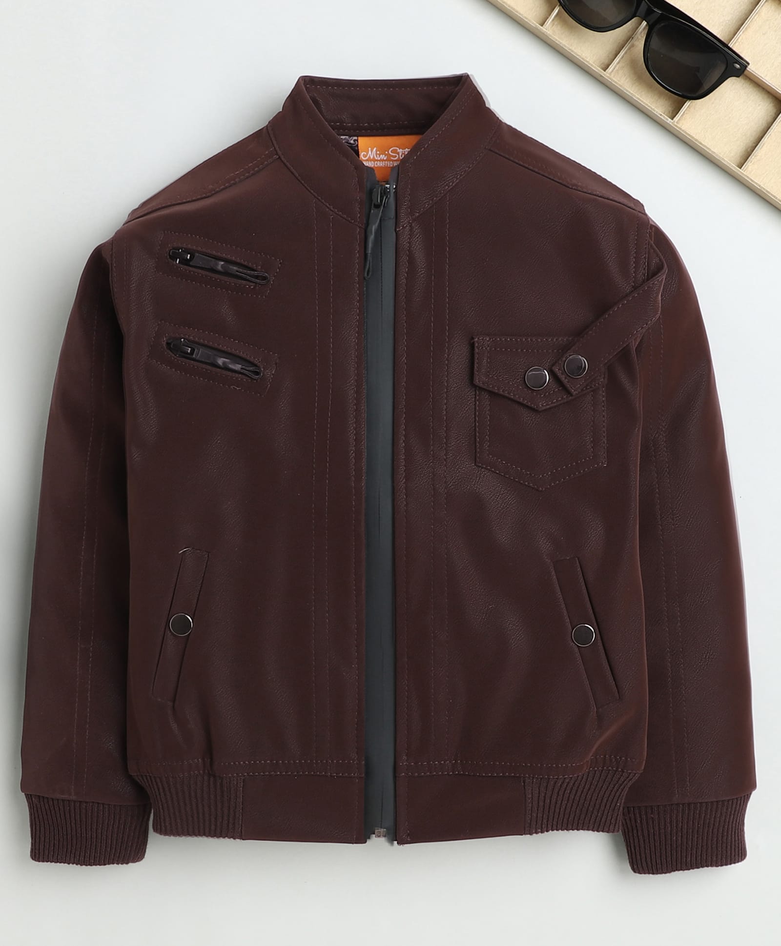Ministitch Leather Woven Full Sleeves Solid Jacket - Dark Brown-picture-24