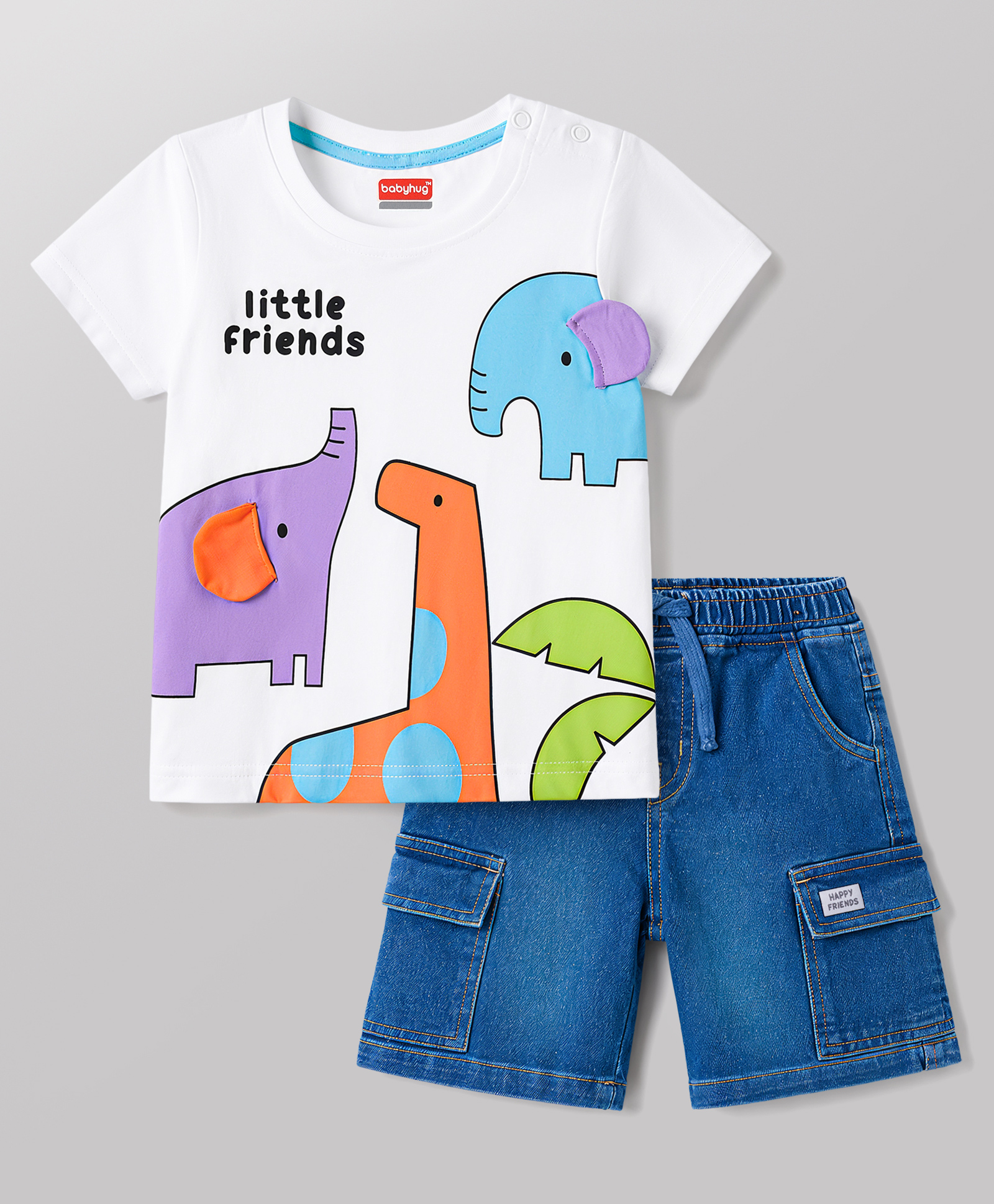 Babyhug Single Jersey Knit Half Sleeves T-Shirt & Denim Shorts Set With Animal Print - White & Blue-picture-35