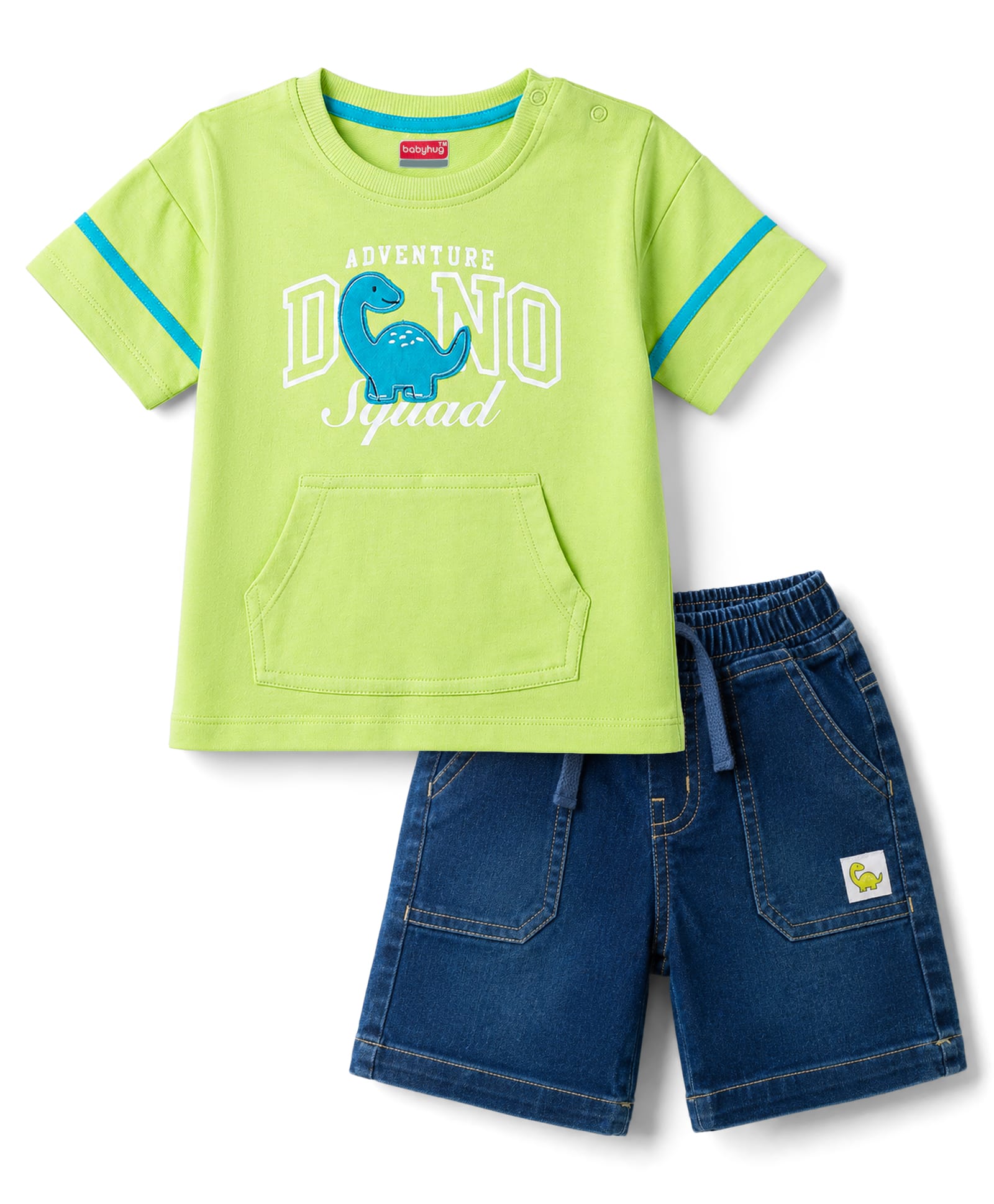 Babyhug Single Jersey Knit- Denim Half Sleeves T-Shirt & Shorts With Dino Print - Limegreen-image-40