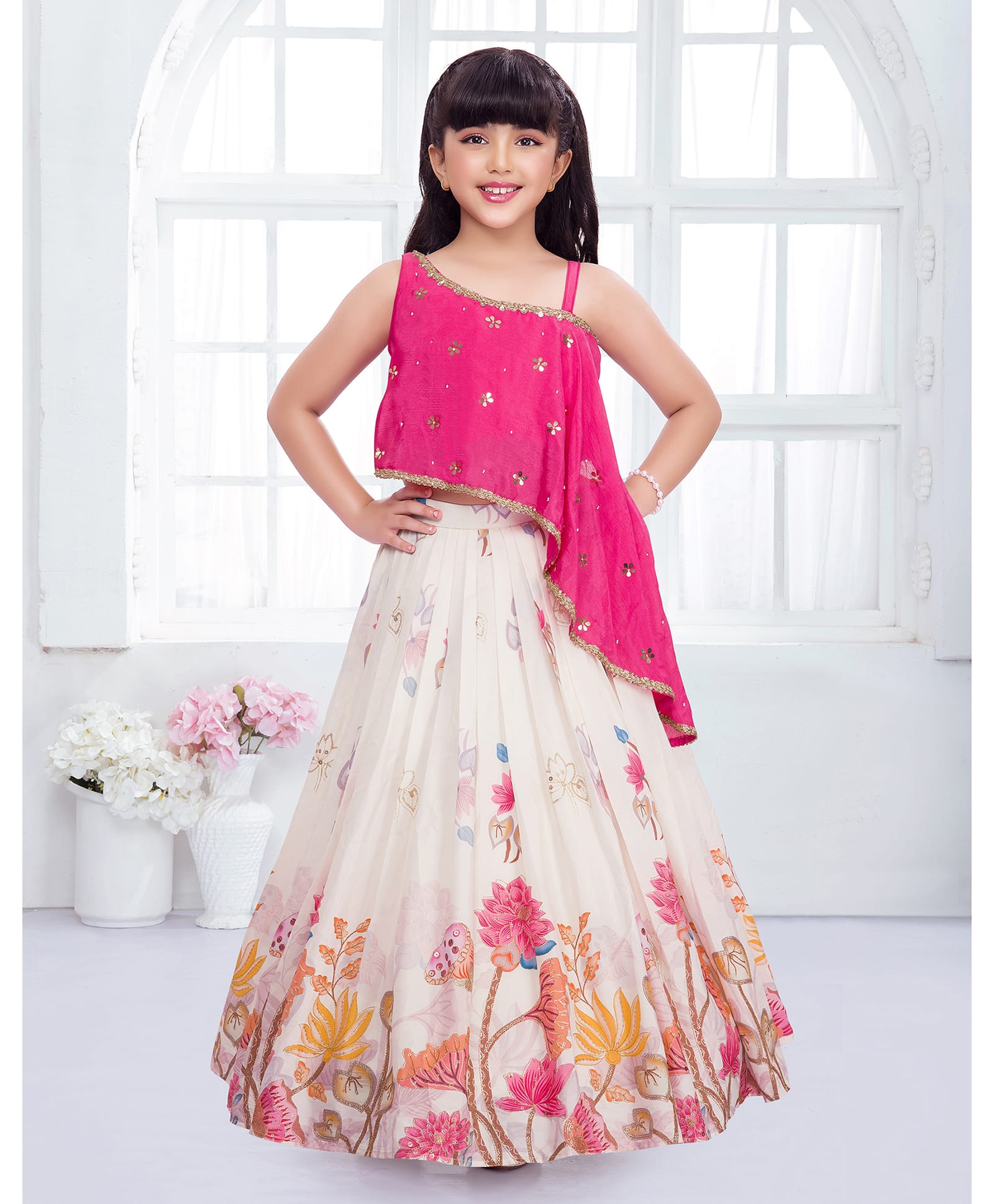 Ministitch Georgette Woven Sleeveless Floral Designed Sequins & Lace Embellished Lehenga Choli Set - Pink-picture-35