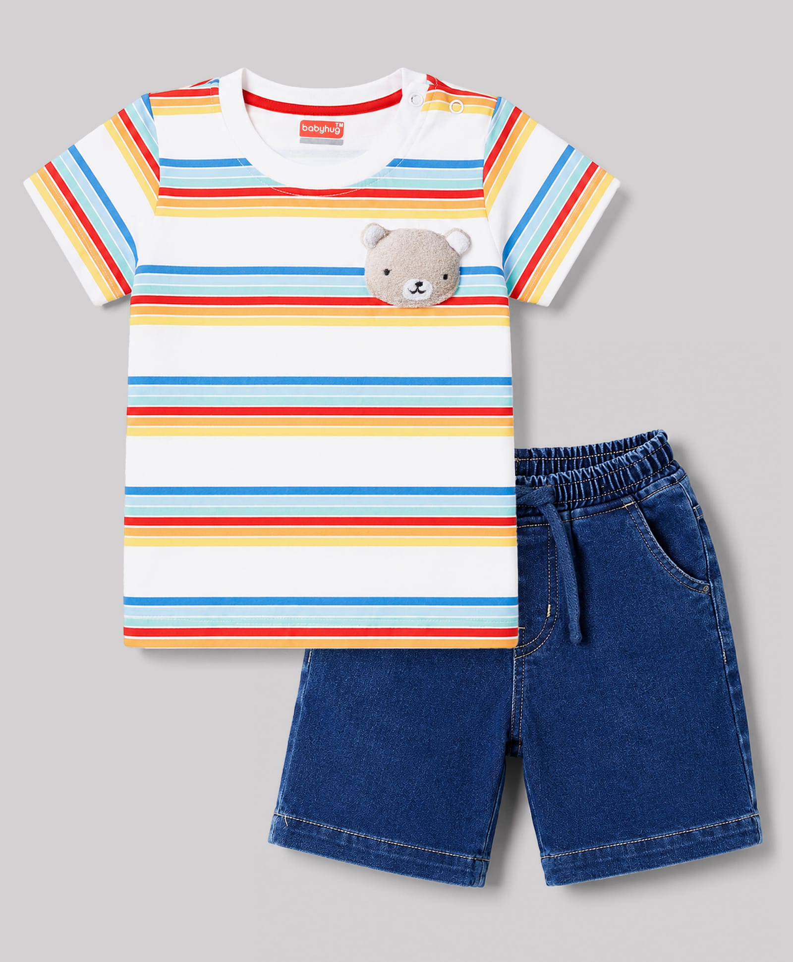 Babyhug Single Jersey Knit Half Sleeves Striped T-Shirt & Denim Shorts With Bear Detailing - Multicolor-picture-16
