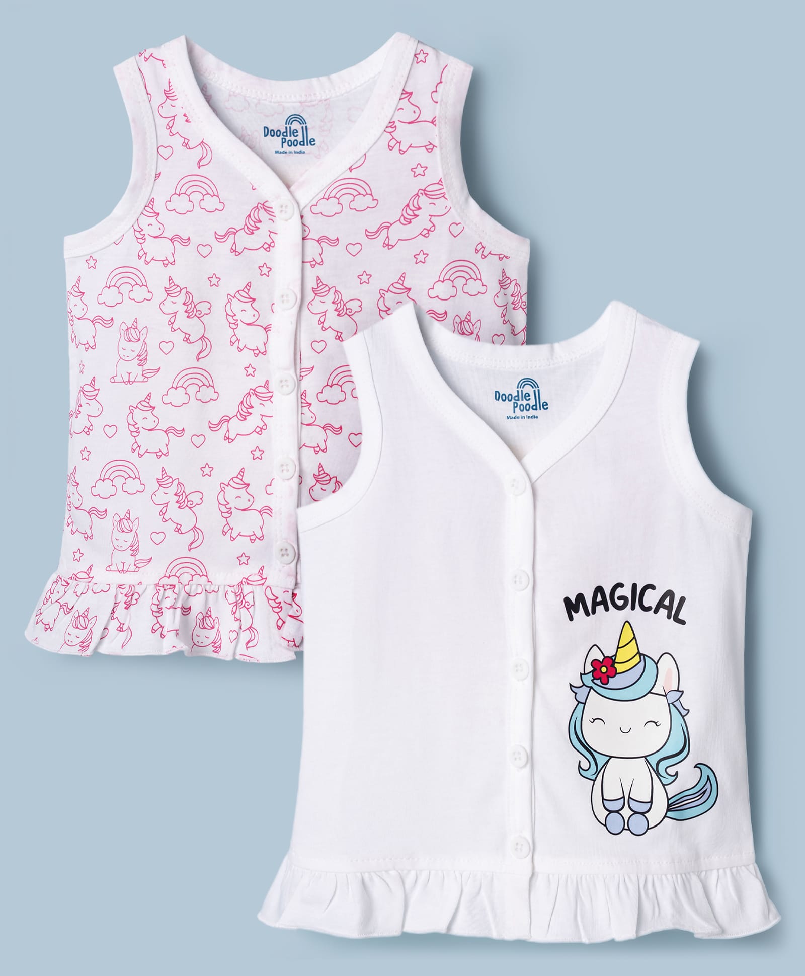 Doodle Poodle 100% Cotton Knit Sleeveless Unicorn Printed Jhablas Pack of 2 - White-image-32