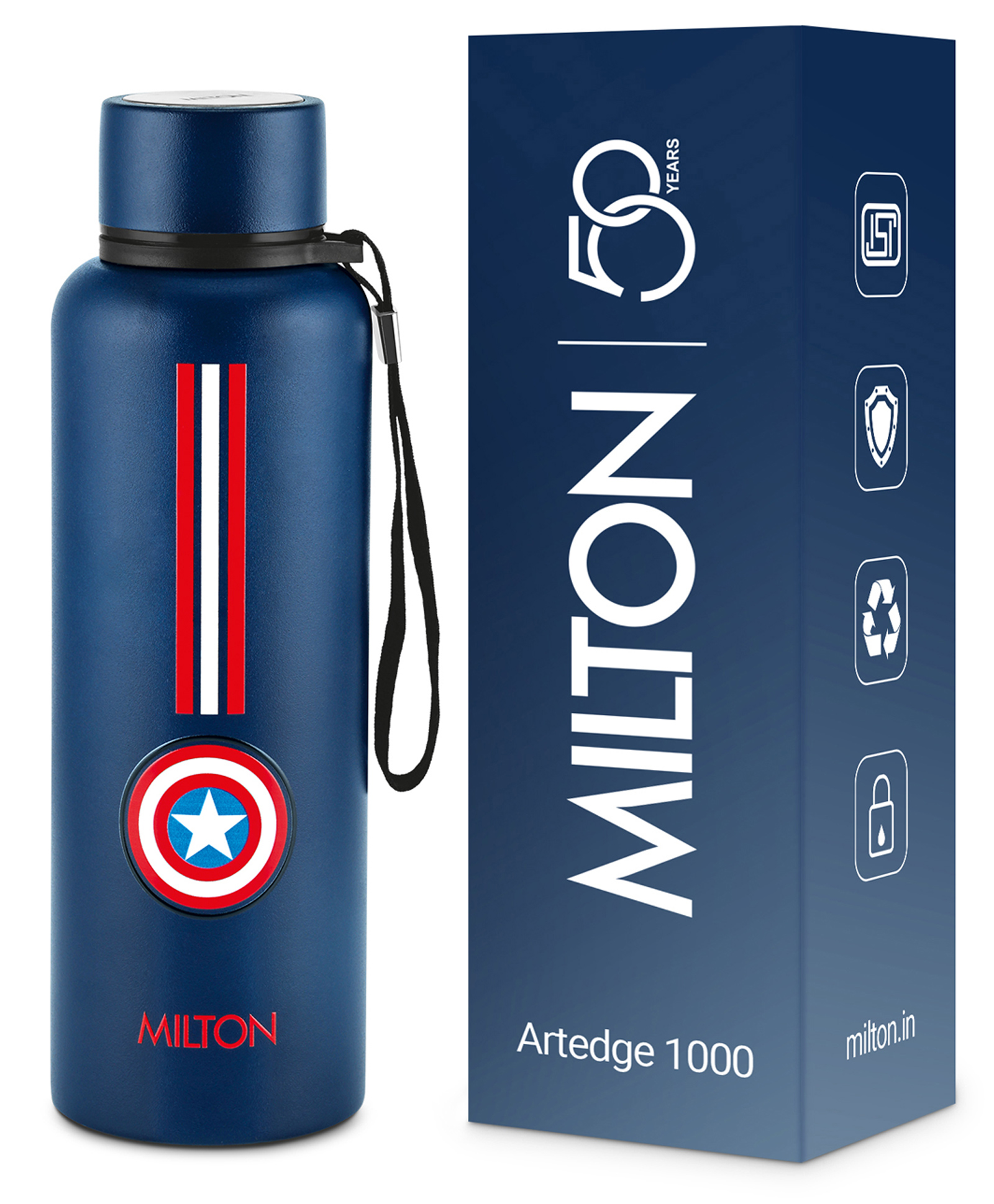 Milton Marvel Artedge 1000 Thermosteel ISI Certified Water Bottle Stainless Steel 24 Hr Hot & Cold Leak Proof Vacuum Insulation With Captain America Print Dark Blue - 1000 ml-image-22