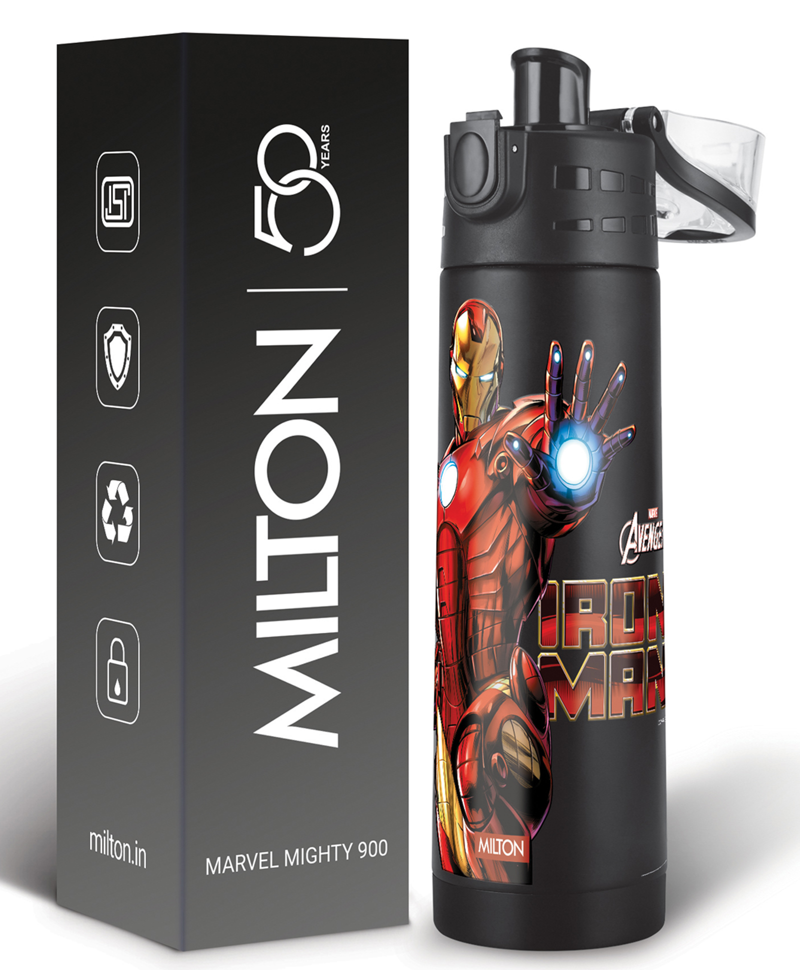 Milton Marvel Mighty Thermosteel Bottle Vacuum Insulated Leak-Proof SS304 Bottle with Copper Coating Iron Man Print Black - 750 ml-picture-12