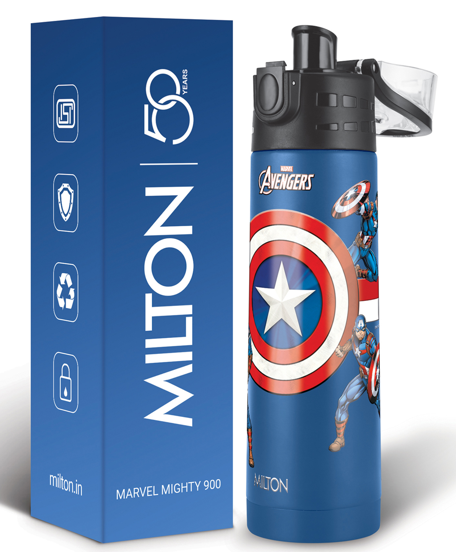 Milton Marvel Mighty Thermosteel Bottle Vacuum Insulated Leak-Proof SS304 Bottle with Copper Coating Captain America Print Blue - 750 ml-picture-14