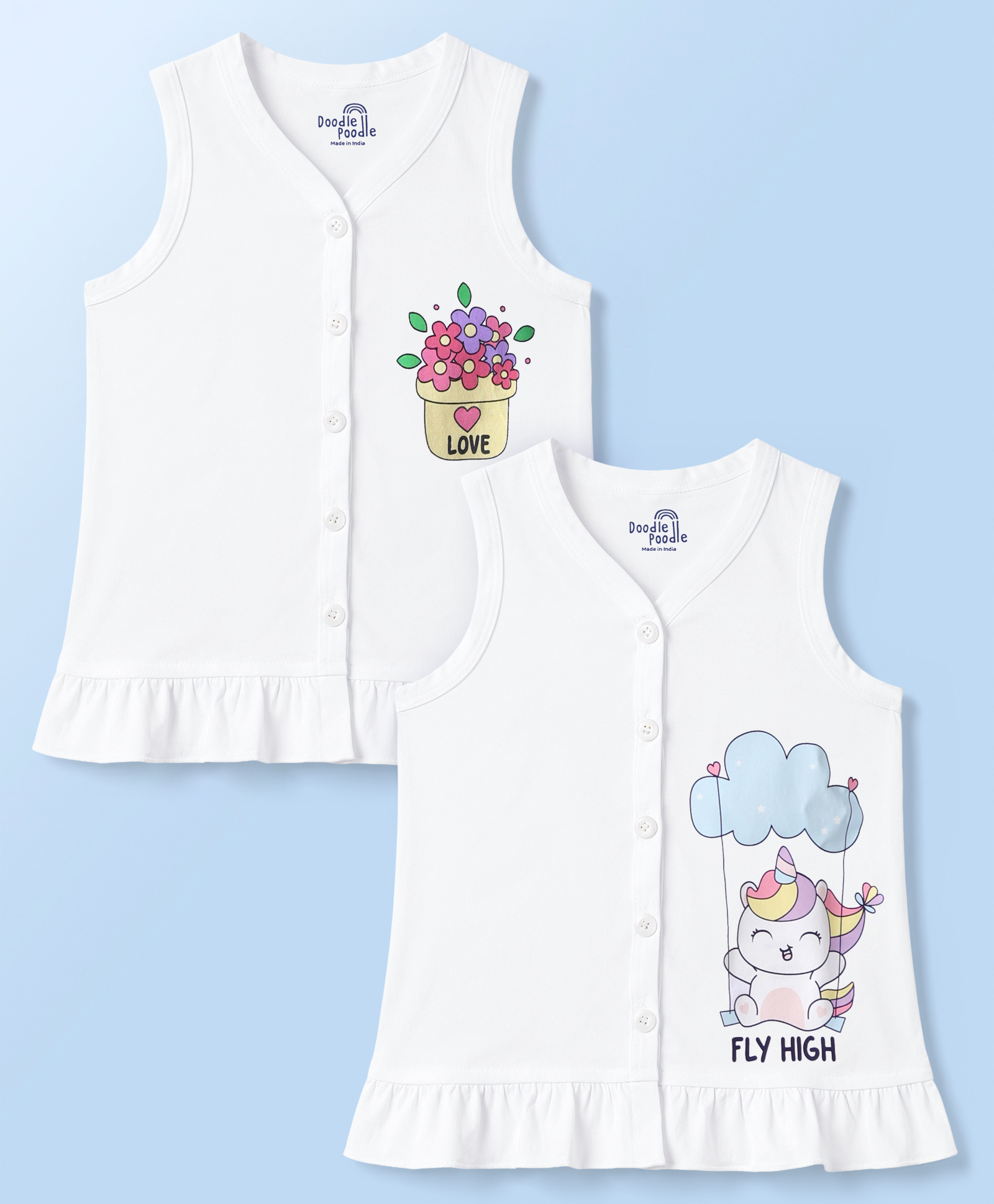 Doodle Poodle 100% Cotton Single Jersey Knit Sleeveless Jhablas With Floral & Unicorn Print Pack of 2 - White-image-42