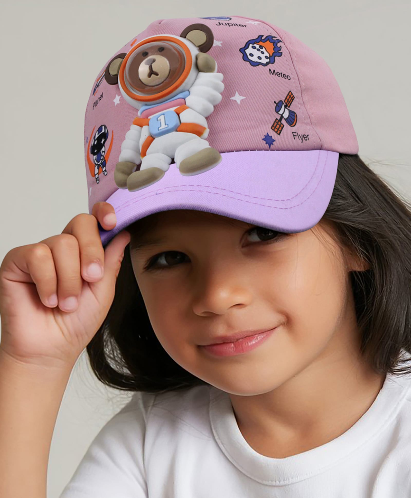 Vritraz Woven Bear Astronaut Applique Detailed Baseball Cap - Pink - Circumference 52-56 Cms-image-20