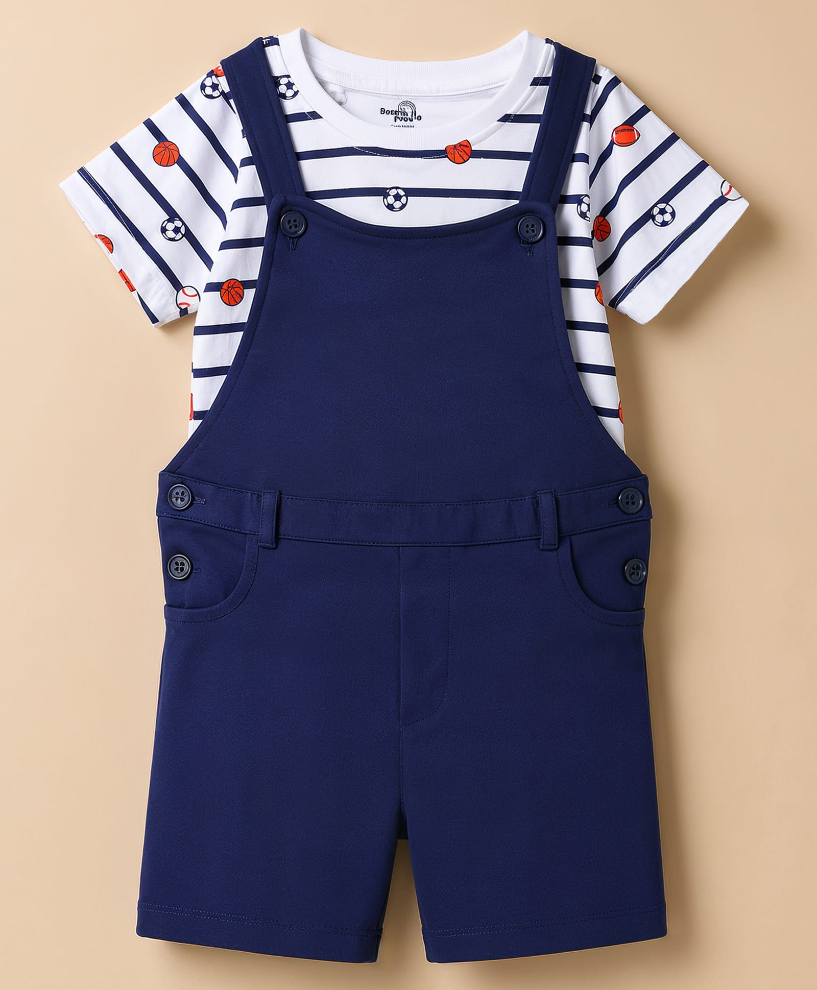 Doodle Poodle 100% Cotton Knit Half Sleeves Striped & Sports Theme Printed Dungaree With Inner Tee - White & Navy Blue-image-28