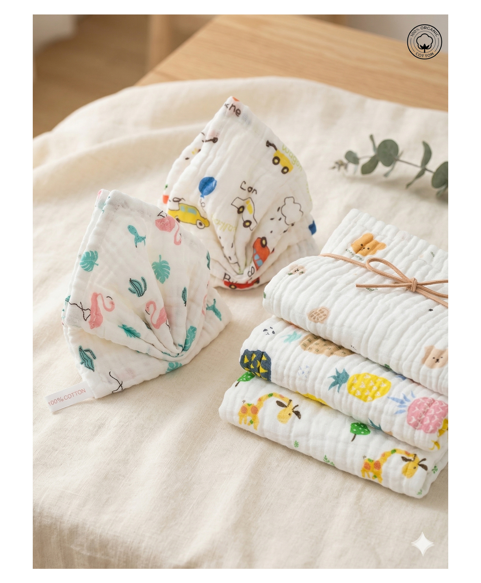 Purple Tots 6 Layer Muslin Wash Cloth Pure Cotton Gauze Combo of 5 (Assorted) L 30 x B 30 cm - White-image-25