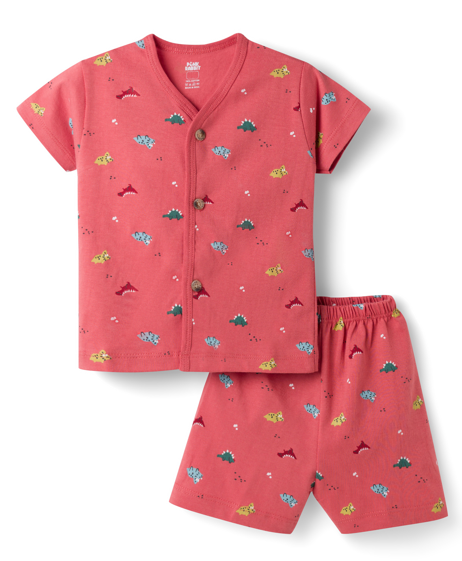Pink Rabbit Sinker Knit Half Sleeves Co-Ord T-Shirt & Shorts Night-Suit With Dino Print - Red-picture-35