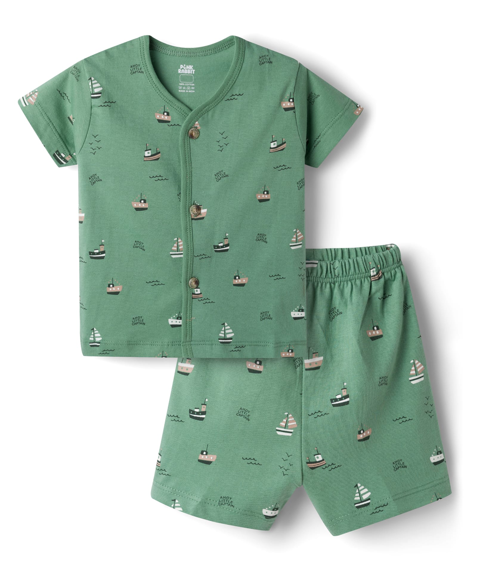 Pink Rabbit Sinker Knit Half Sleeves Co-Ord T-Shirt & Shorts Night Suit With Ship Print - Green-image-38