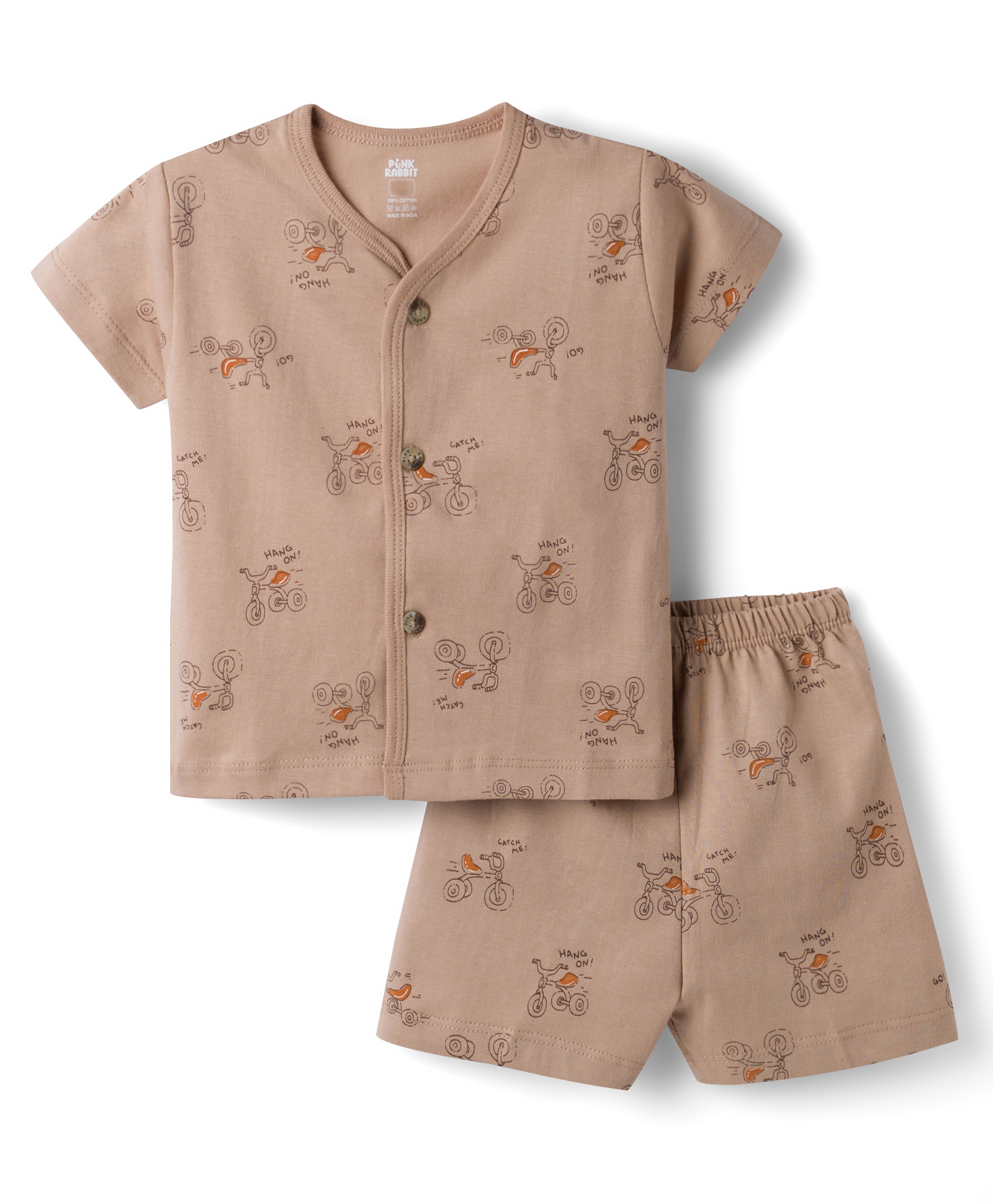 Pink Rabbit Sinker Knit Half Sleeves Co-Ord T-Shirt & Shorts Night-Suit With Cycle Print - Beige-image-26