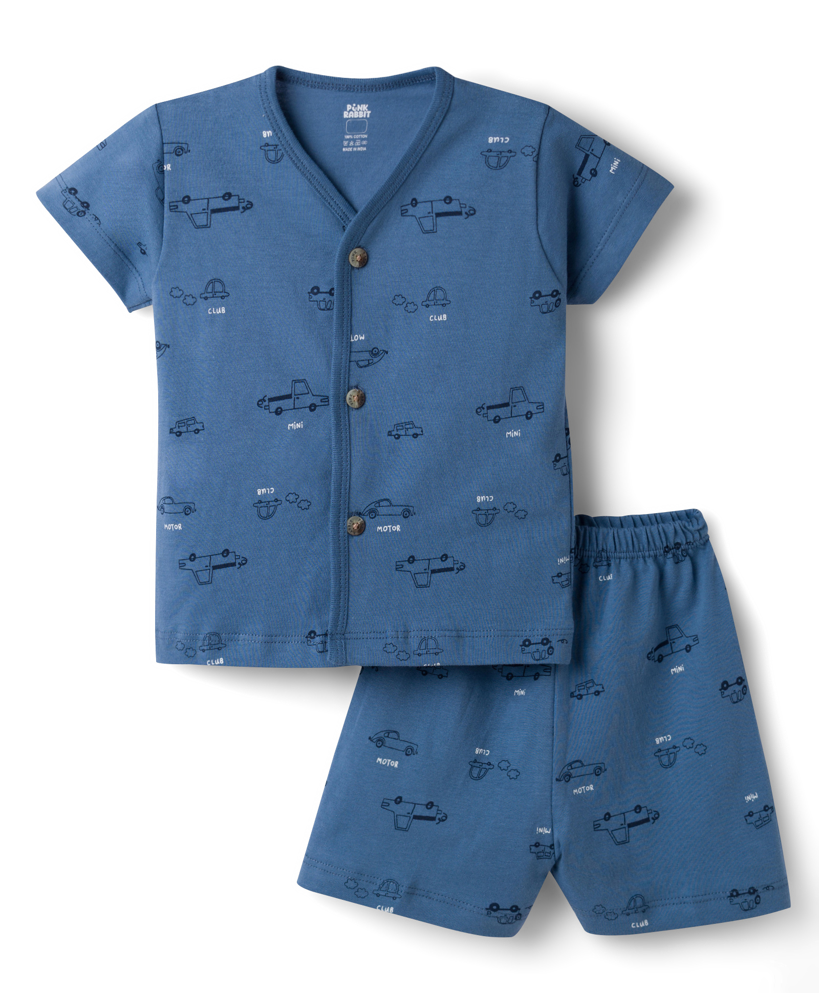 Pink Rabbit Sinker Knit Half Sleeves T-Shirt & Shorts Night-Suit With Car Print - Blue-image-21