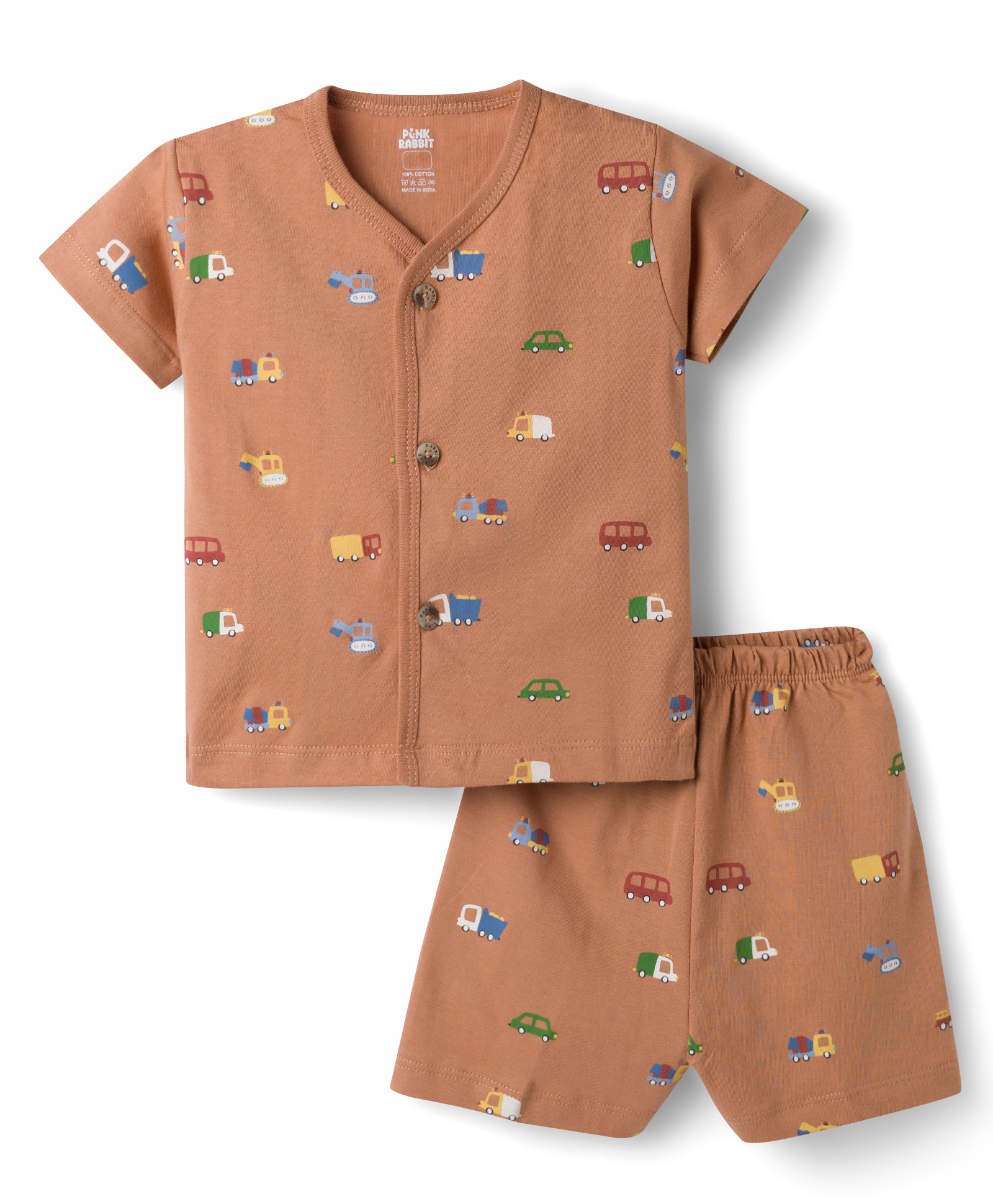 Pink Rabbit Sinker Knit Half Sleeves Co-Ord T-Shirt & Shorts Night-Suit With Vehicle Print - Rust Orange-image-43