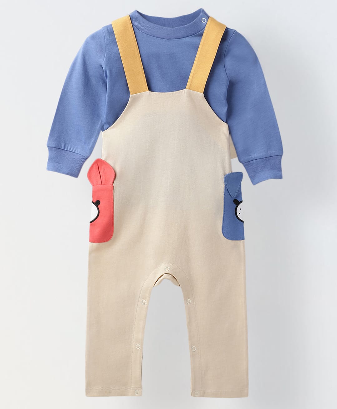 Spunkies Cotton Jersey Knit Dog Face Applique Detailed Dungaree With Full Sleeves Solid Tee - Beige-image-18