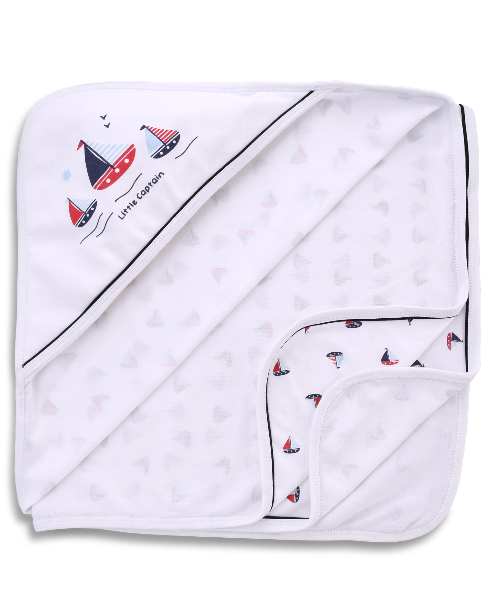 Pink Rabbit Interlock Knit Hooded Towel With Boat Print L 80 x B 80 cm - Navy Blue & White-picture-47